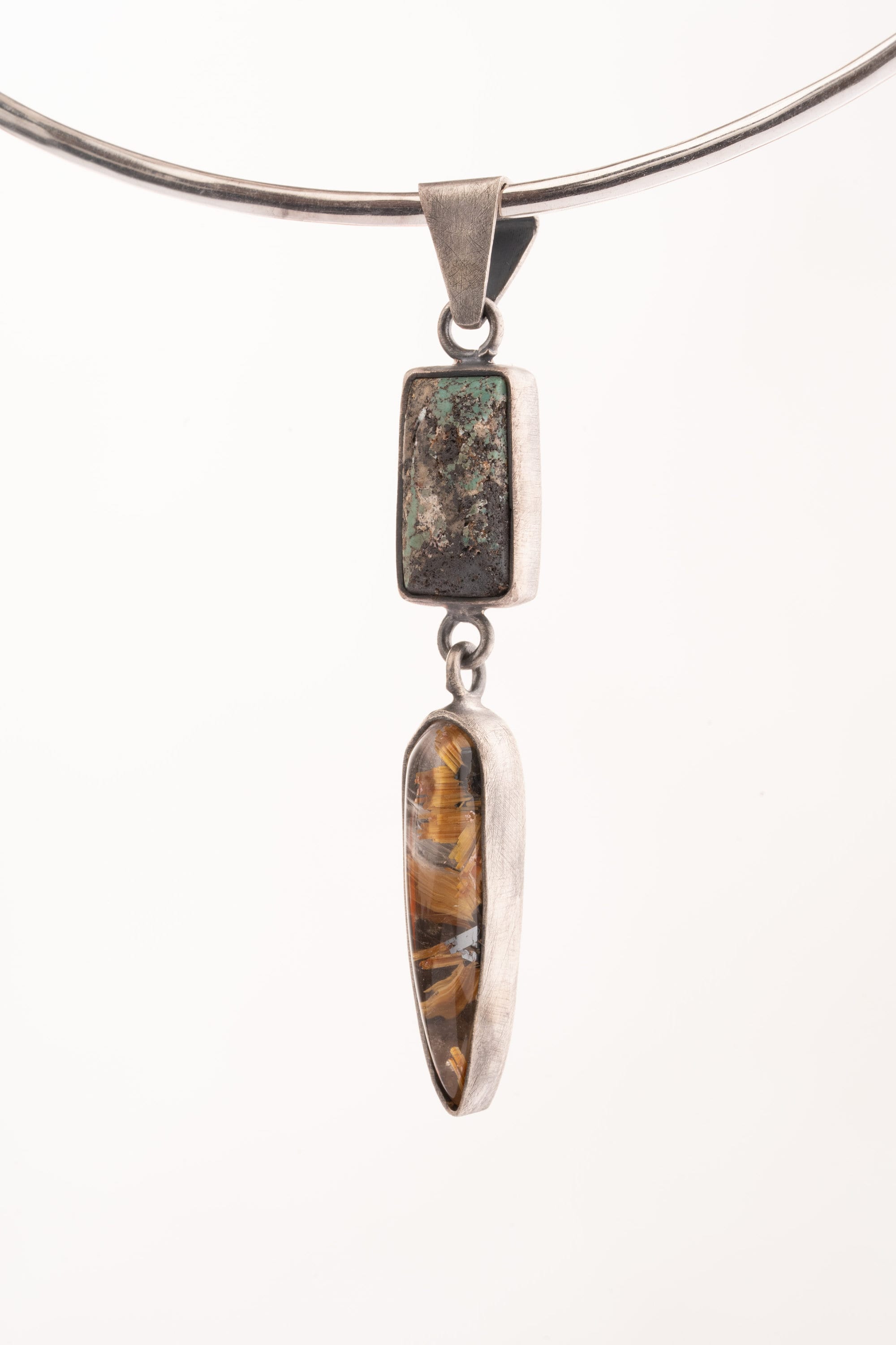 Old Cut Turquoise, High Grade Golden Rutile Tooth - Sterling Silver Pendant - Oxidized and Brush Texture