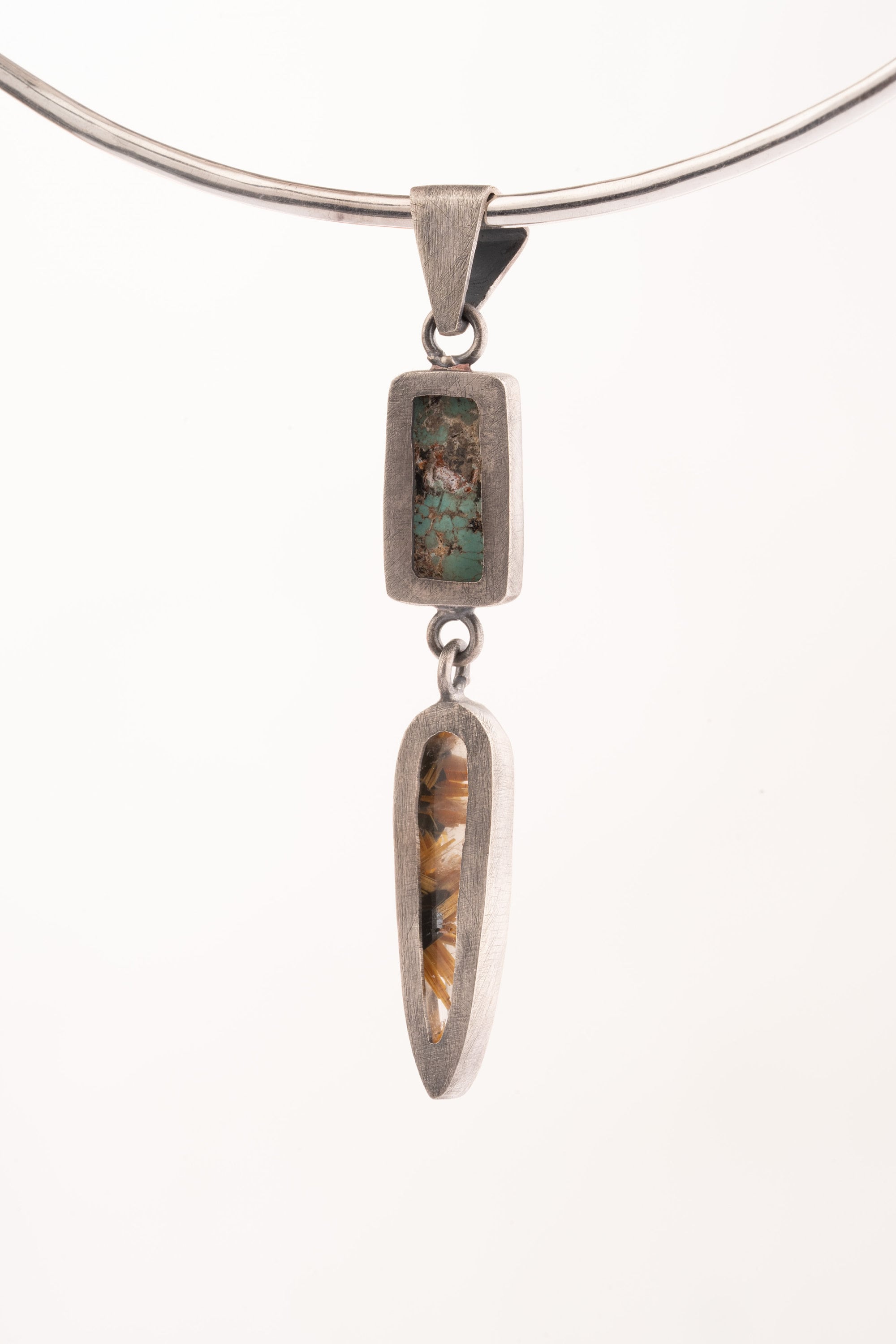 Old Cut Turquoise, High Grade Golden Rutile Tooth - Sterling Silver Pendant - Oxidized and Brush Texture