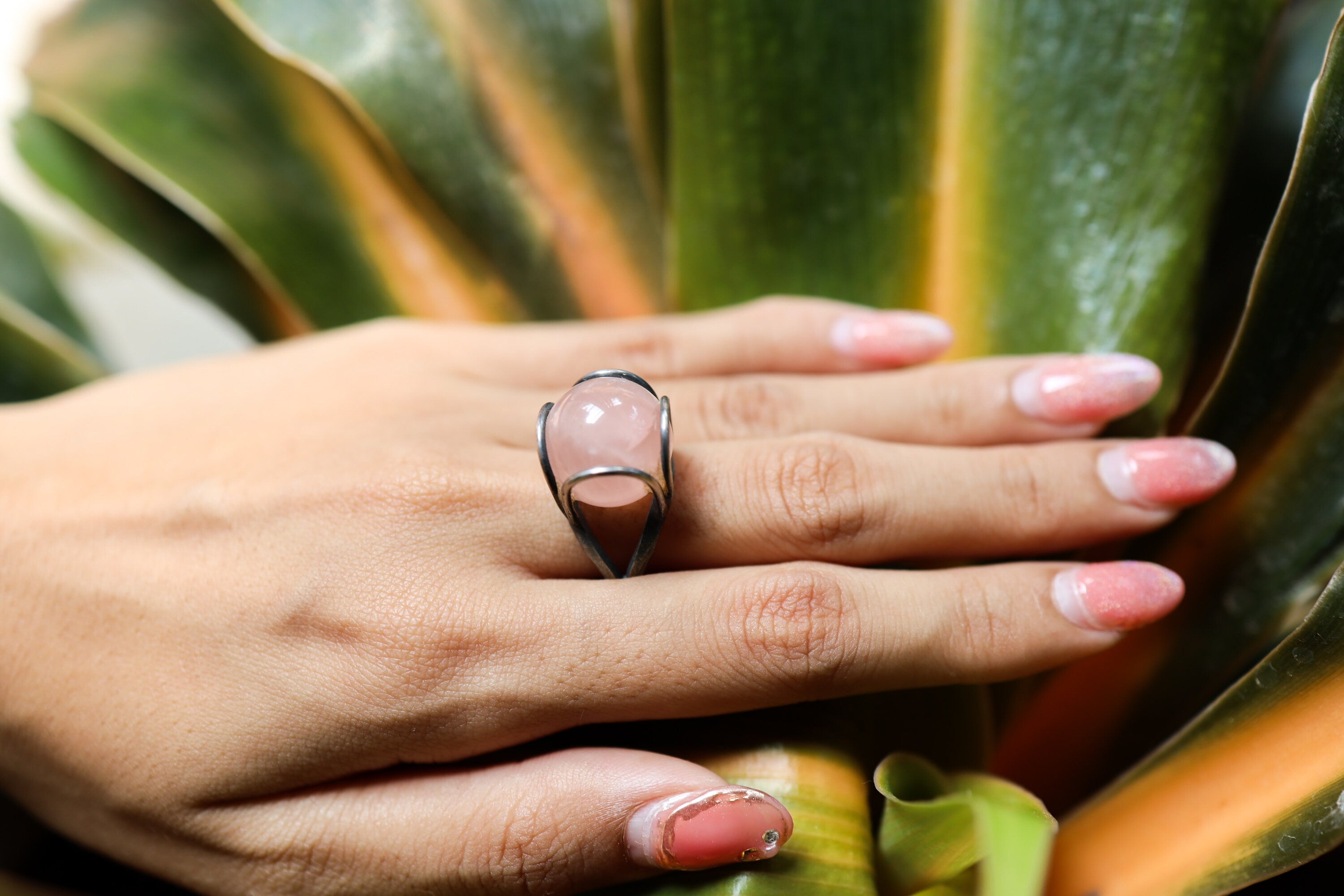 Sterling Silver Rose Quartz Ball Ring, 925 Organic Texture & Oxidized Finish, Size 6 3/4, Heart Chakra, Taurus Zodiac, Love and Compassion