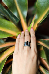 Raw Black Tourmaline Adjustable Unisex Ring, US Size 5-10, Sterling Silver,Hammered Textured & Oxidized,Protection and Grounding,Unique Gift