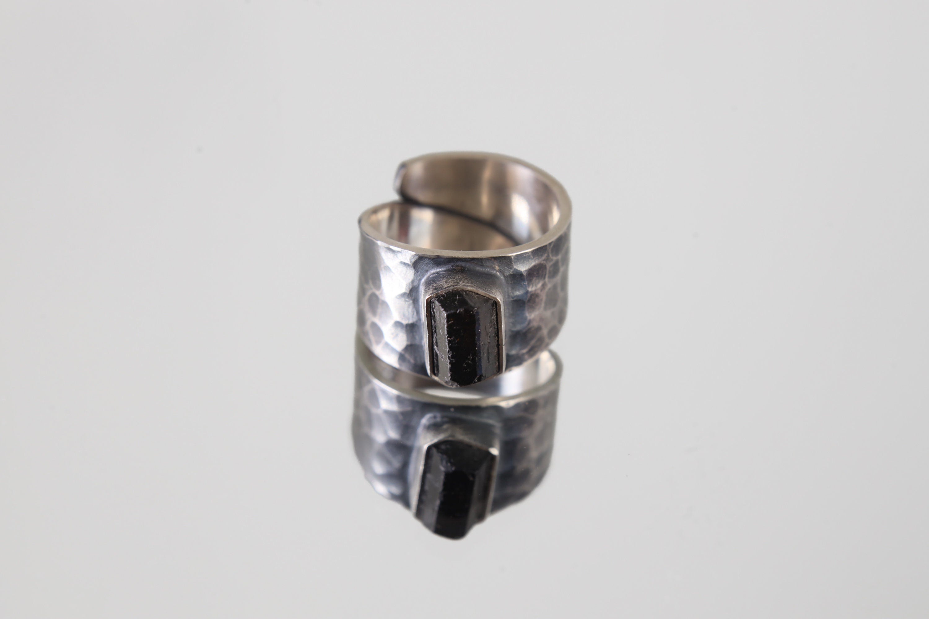 Raw Black Tourmaline Adjustable Unisex Ring, US Size 5-10, Sterling Silver,Hammered Textured & Oxidized,Protection and Grounding,Unique Gift