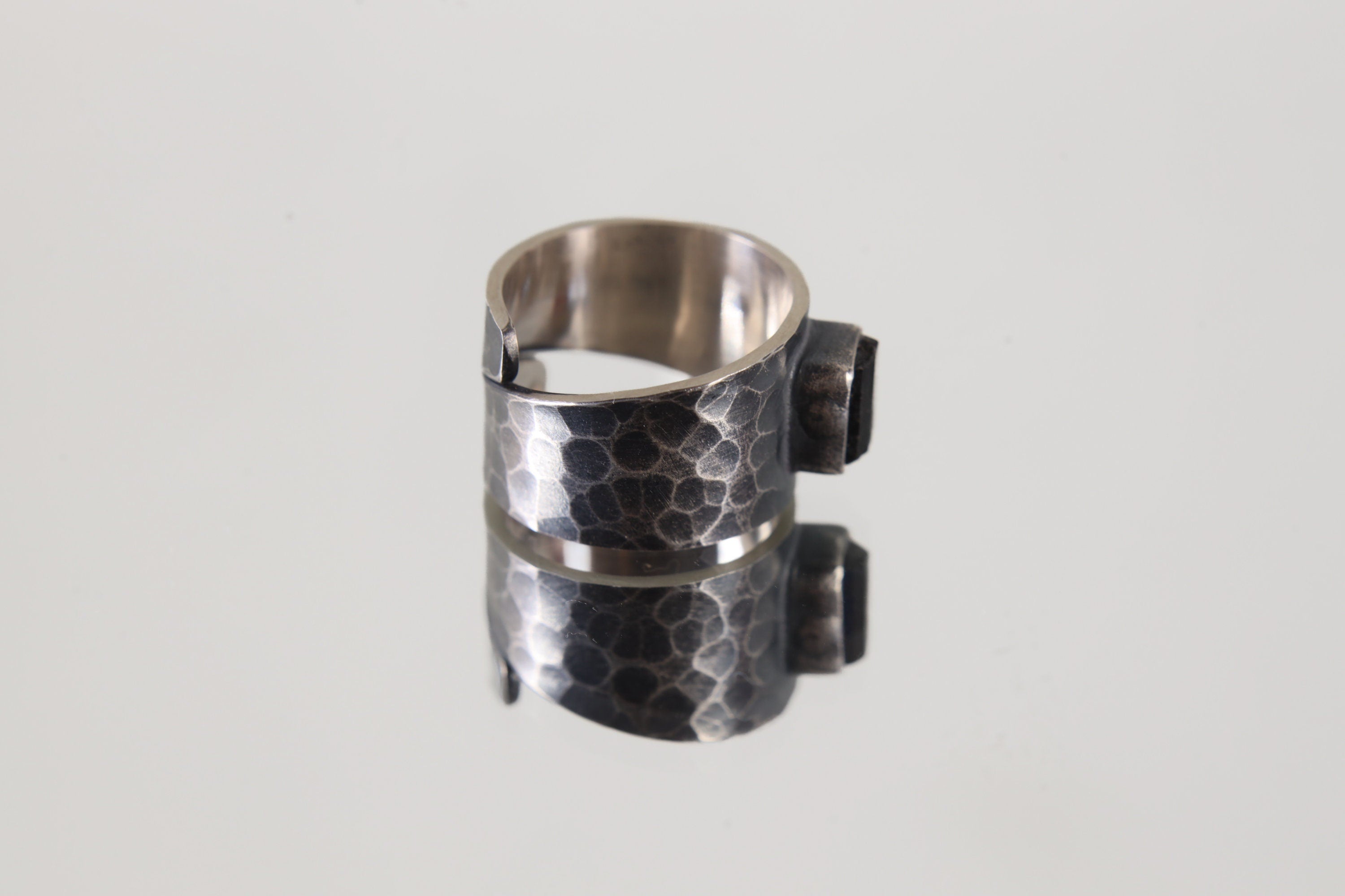 Raw Black Tourmaline Adjustable Unisex Ring, US Size 5-10, Sterling Silver,Hammered Textured & Oxidized,Protection and Grounding,Unique Gift