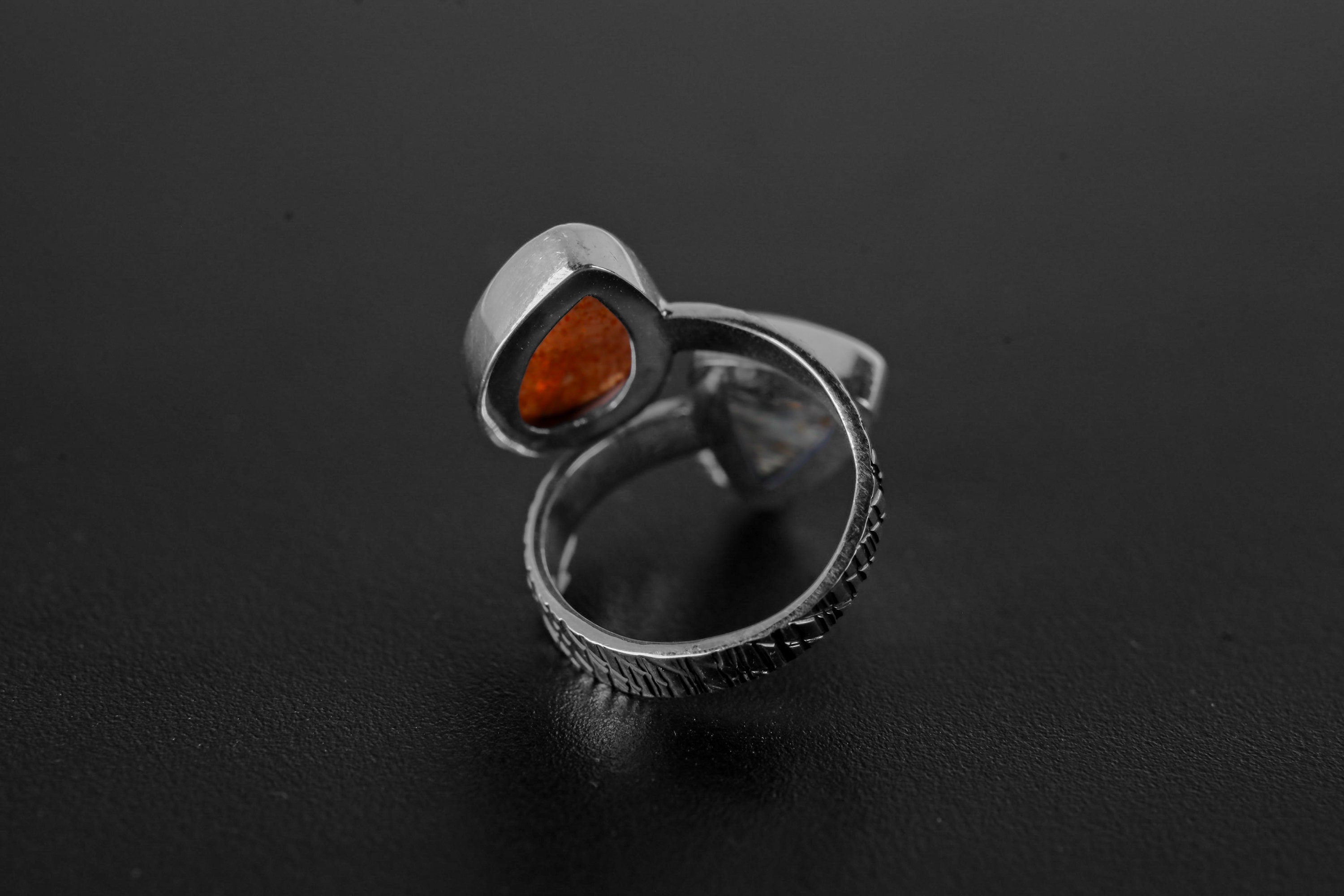 Black Rutile Quartz & Sunstone Teardrop - 925 Sterling Silver - Double Stone - Textured, High Shine Polish - Adjustable Open Ring Band