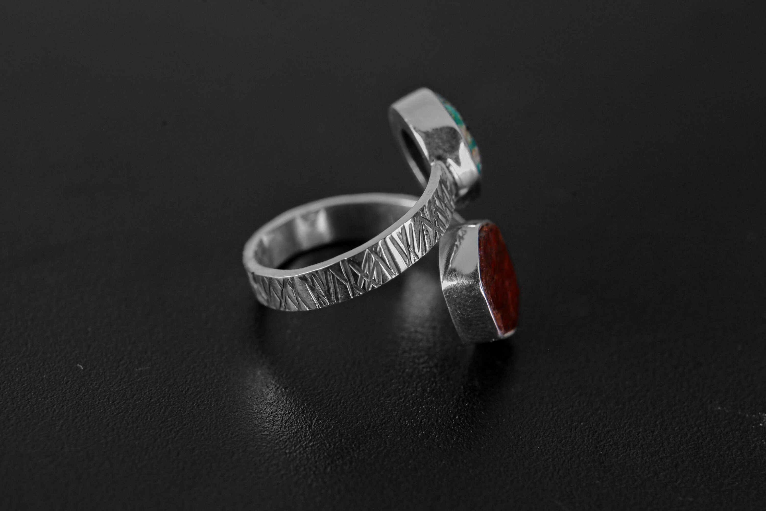 Hexagonal Gem Ruby & Sleeping Beauty Turquoise - 925 Sterling Silver - Double Stone - Textured, Polished - Adjustable Open Ring Band