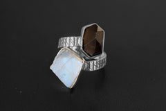 Rough Blue Moonstone, Morella Smoky Quartz - Double Stone - Textured, High Shine Polish - Adjustable Open Ring Band