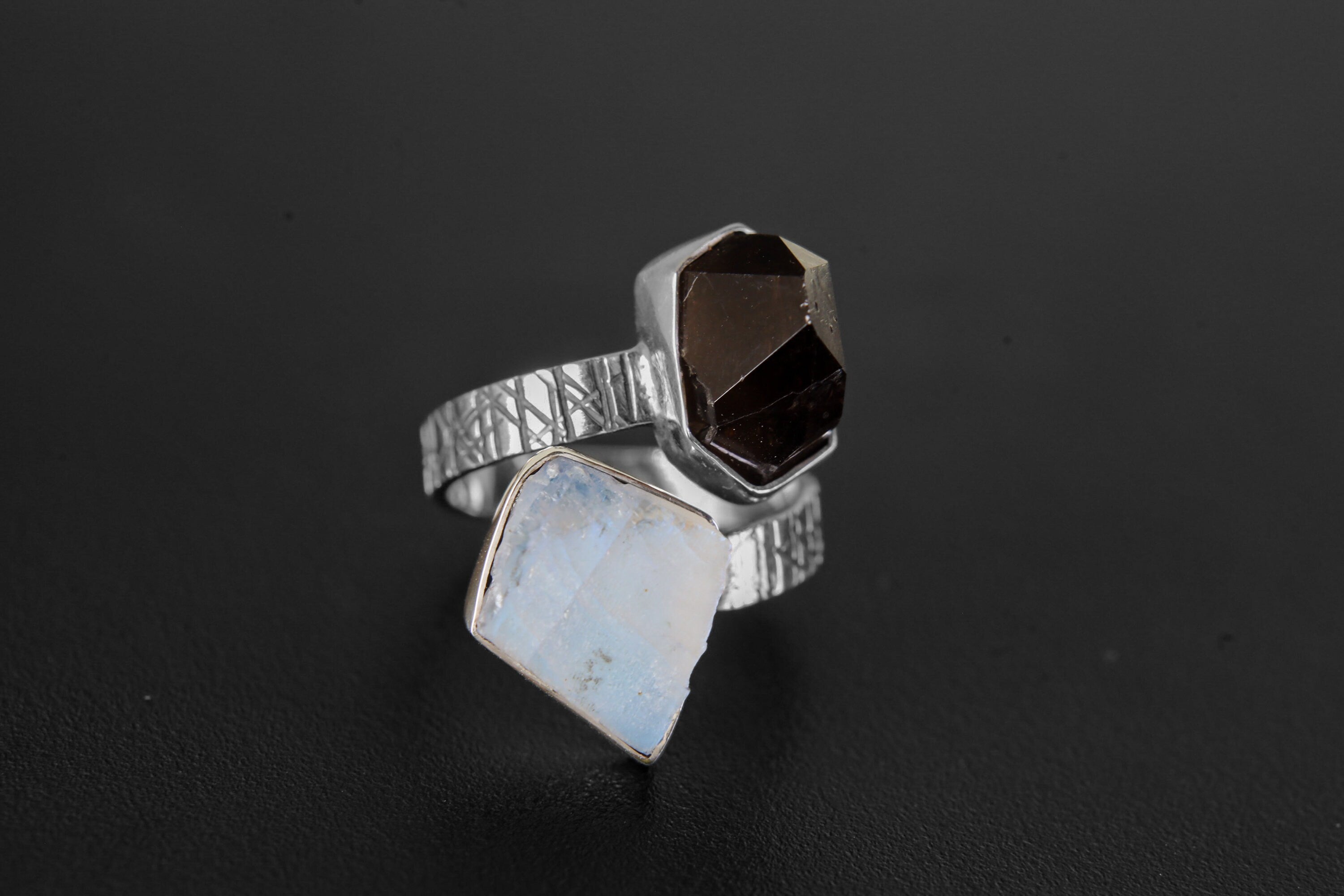 Rough Blue Moonstone, Morella Smoky Quartz - Double Stone - Textured, High Shine Polish - Adjustable Open Ring Band