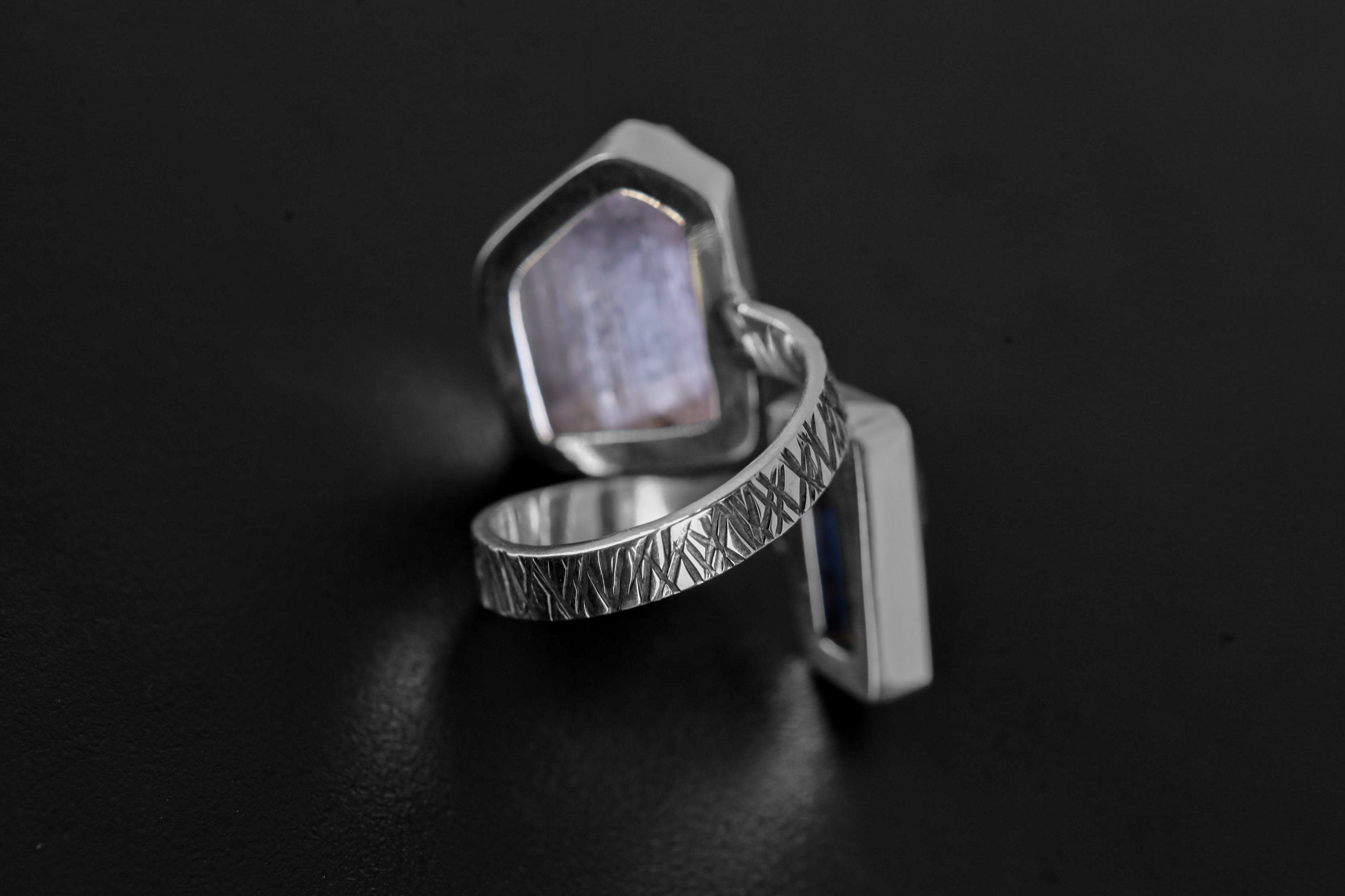 Pink Kunzite, Ocean Kyanite - 925 Sterling Silver - Double Stone - Textured, High Shine Polish - Adjustable Open Ring Band