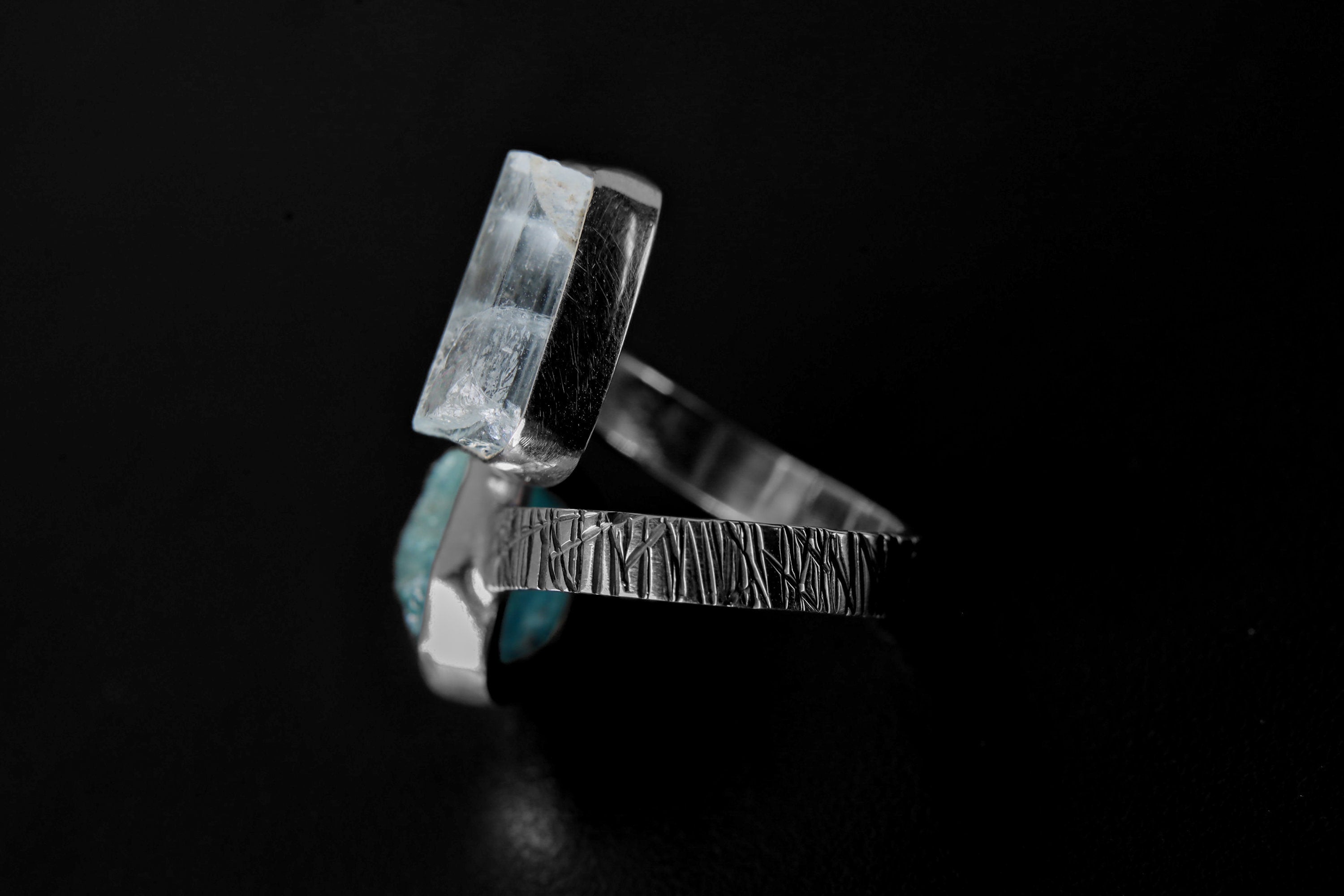 Gem Aquamarine, Blue Crystal Apatite - 925 Sterling Silver - Double Stone - Textured, High Shine Polish - Adjustable Open Ring Band