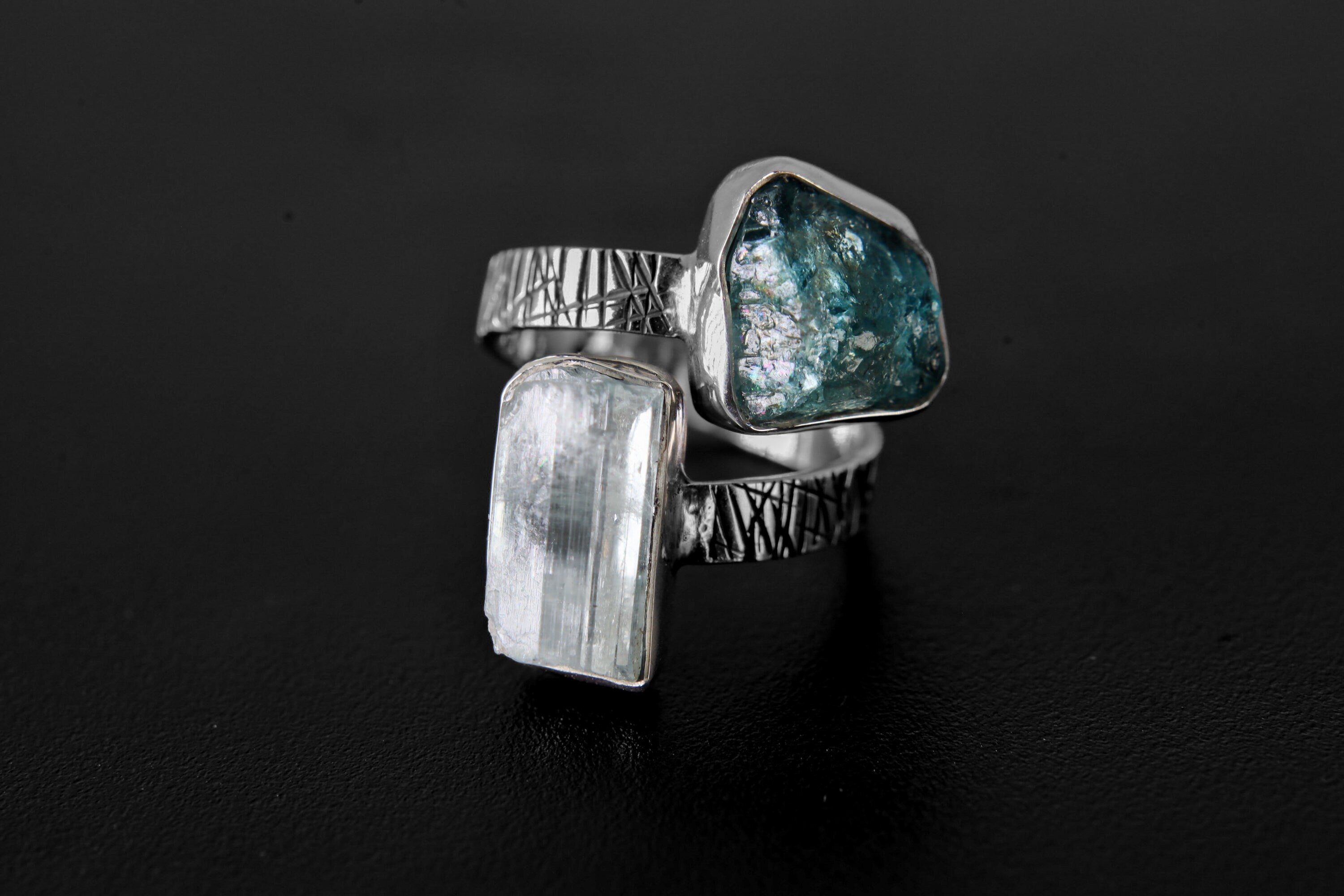 Gem Aquamarine, Blue Crystal Apatite - 925 Sterling Silver - Double Stone - Textured, High Shine Polish - Adjustable Open Ring Band