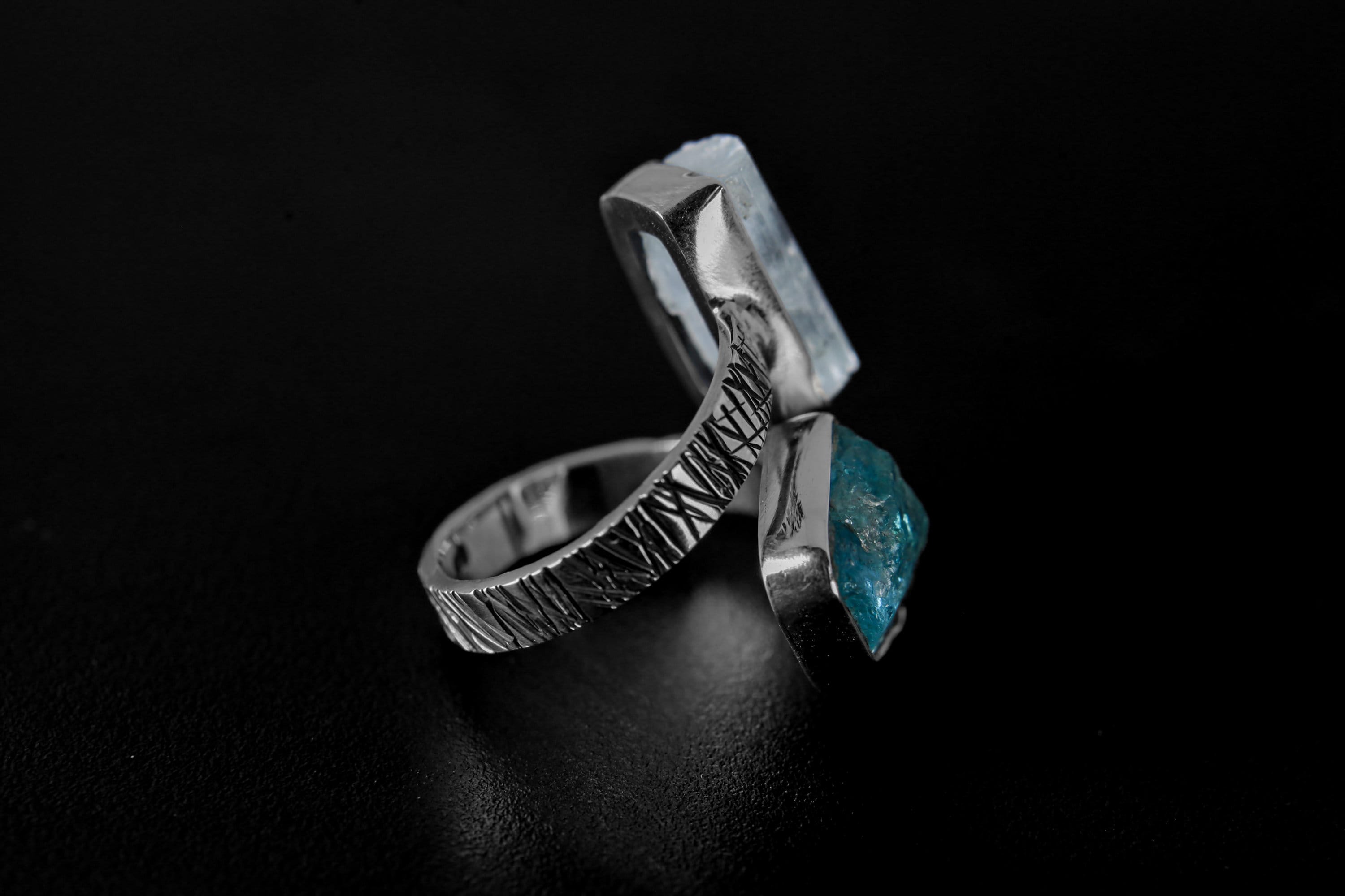 Gem Aquamarine, Blue Crystal Apatite - 925 Sterling Silver - Double Stone - Textured, High Shine Polish - Adjustable Open Ring Band