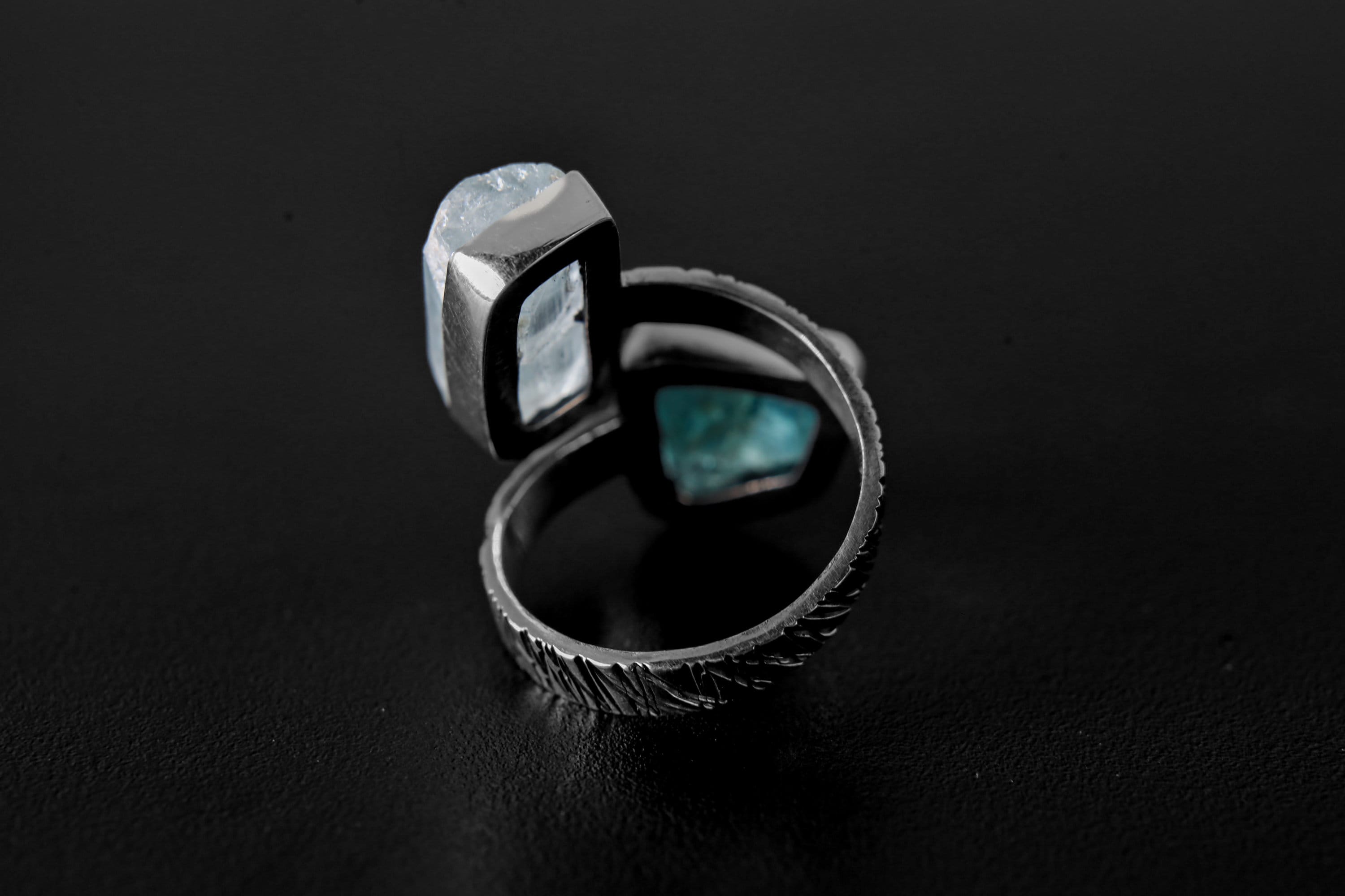 Gem Aquamarine, Blue Crystal Apatite - 925 Sterling Silver - Double Stone - Textured, High Shine Polish - Adjustable Open Ring Band