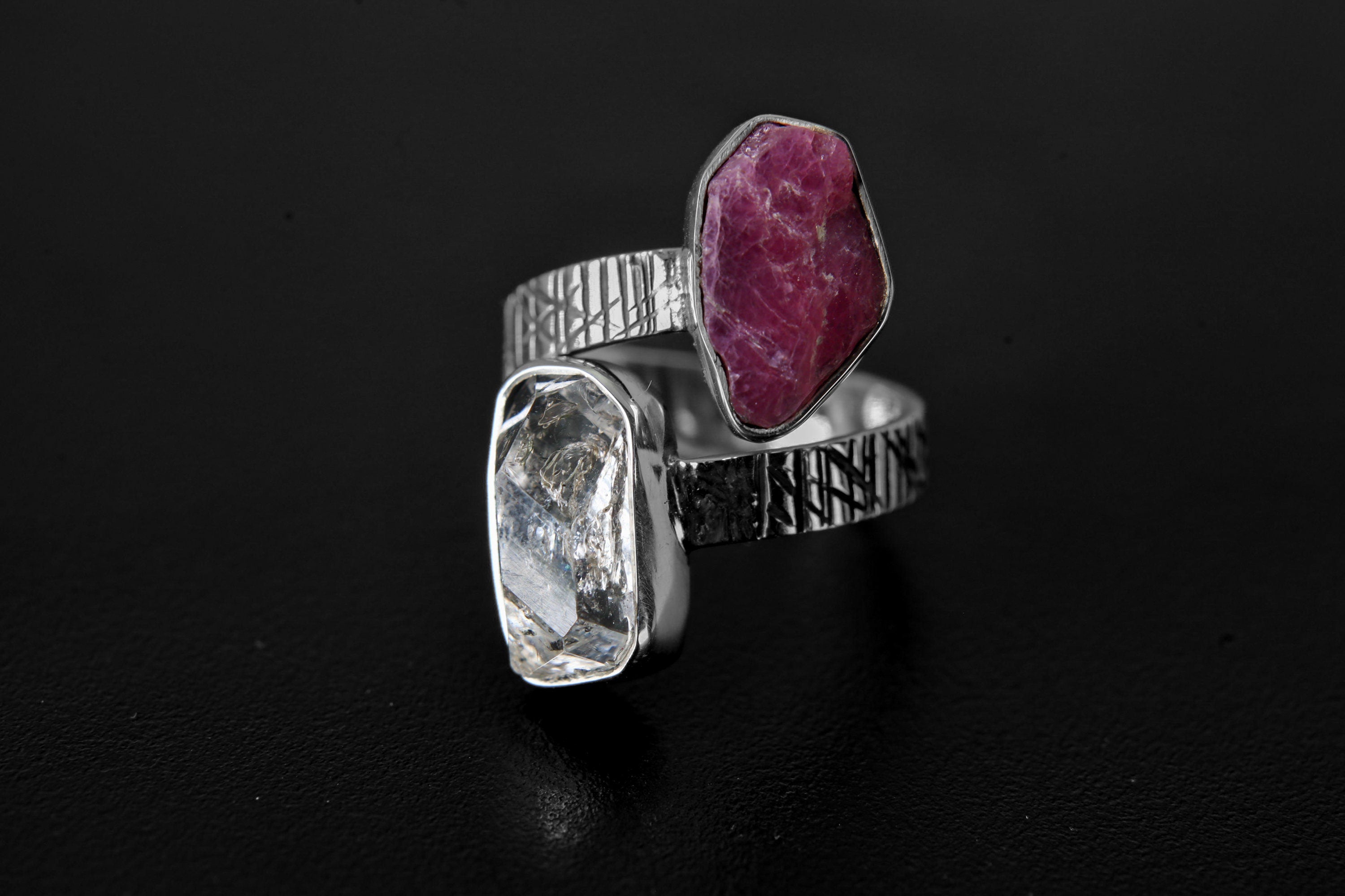 Herkimer Diamond, Raw Gem Ruby - 925 Sterling Silver - Double Stone - Textured, High Shine Polish - Adjustable Open Ring Band
