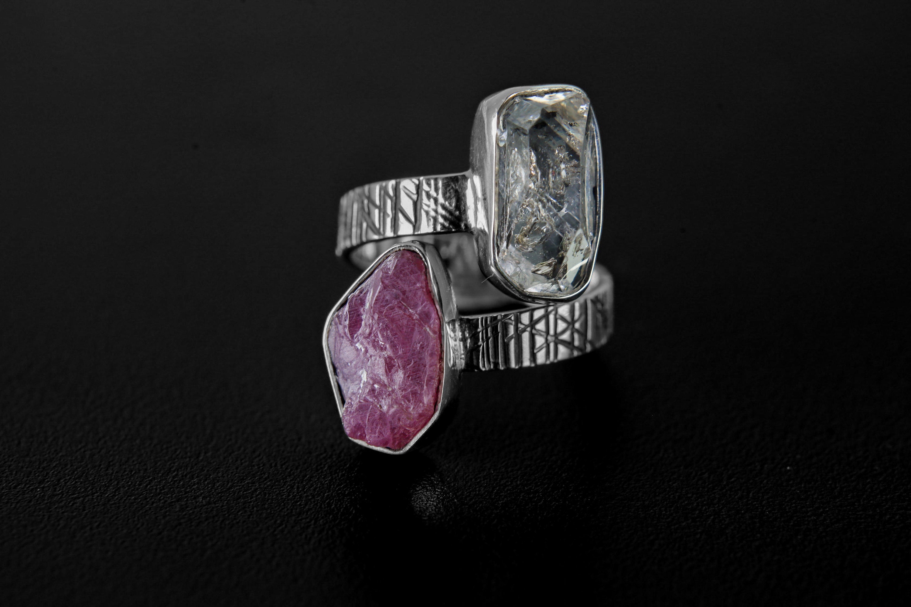 Herkimer Diamond, Raw Gem Ruby - 925 Sterling Silver - Double Stone - Textured, High Shine Polish - Adjustable Open Ring Band