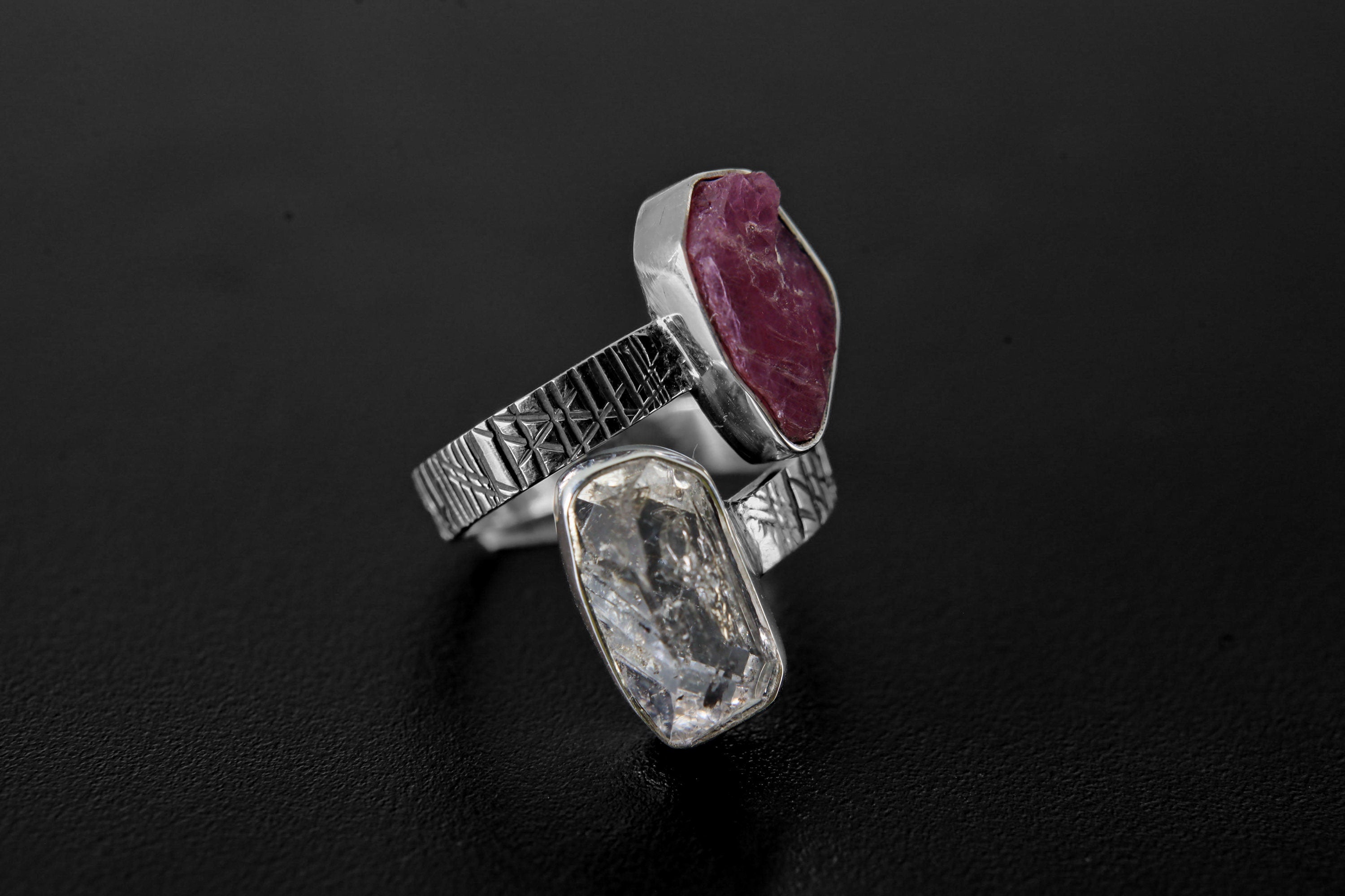 Herkimer Diamond, Raw Gem Ruby - 925 Sterling Silver - Double Stone - Textured, High Shine Polish - Adjustable Open Ring Band