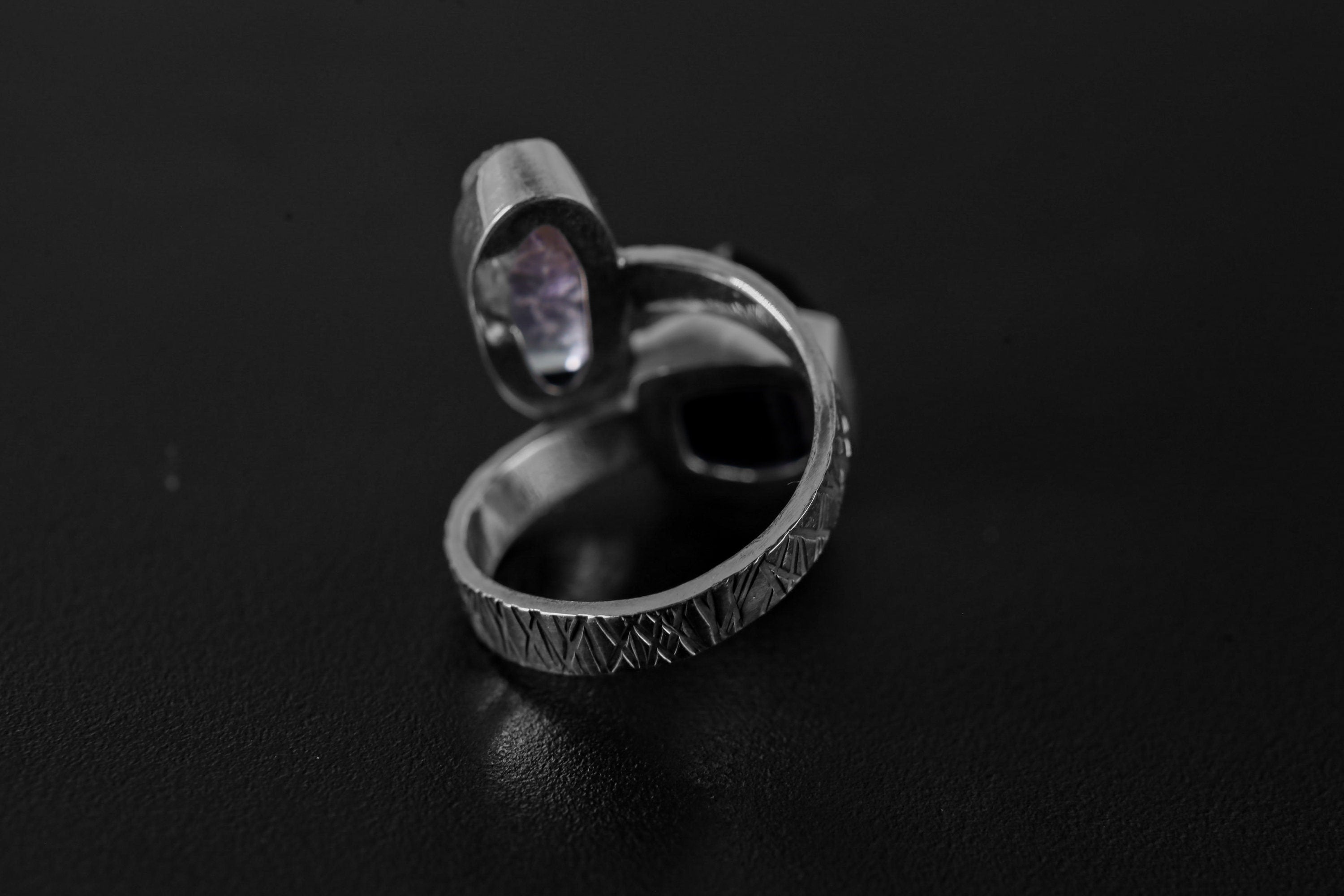 DT Vera Cruz Amethyst, Dt Brown Tourmaline - 925 Sterling Silver - Double Stone - Textured, Shiny Finish - Adjustable Open Ring Band