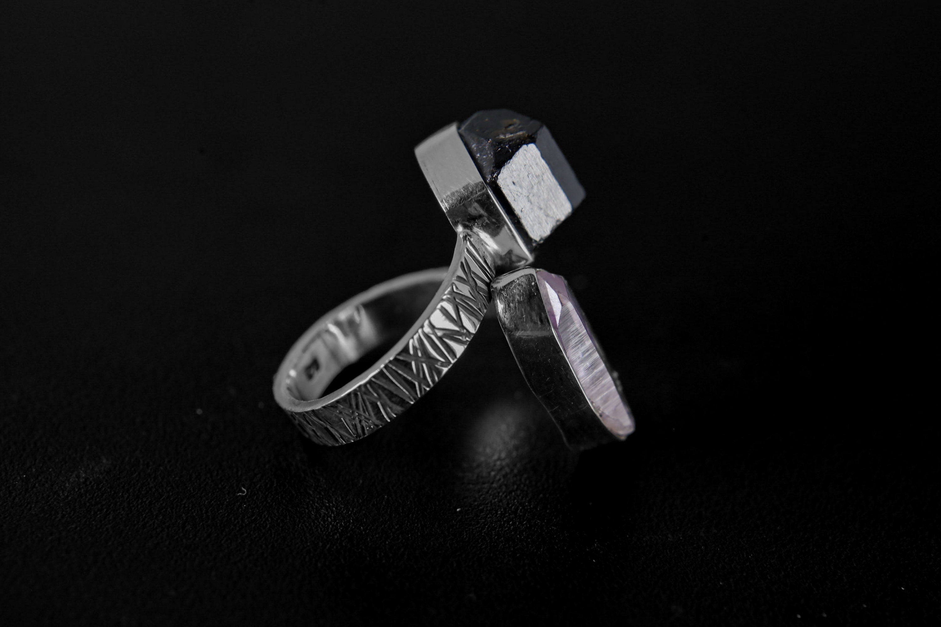 DT Vera Cruz Amethyst, Dt Brown Tourmaline - 925 Sterling Silver - Double Stone - Textured, Shiny Finish - Adjustable Open Ring Band