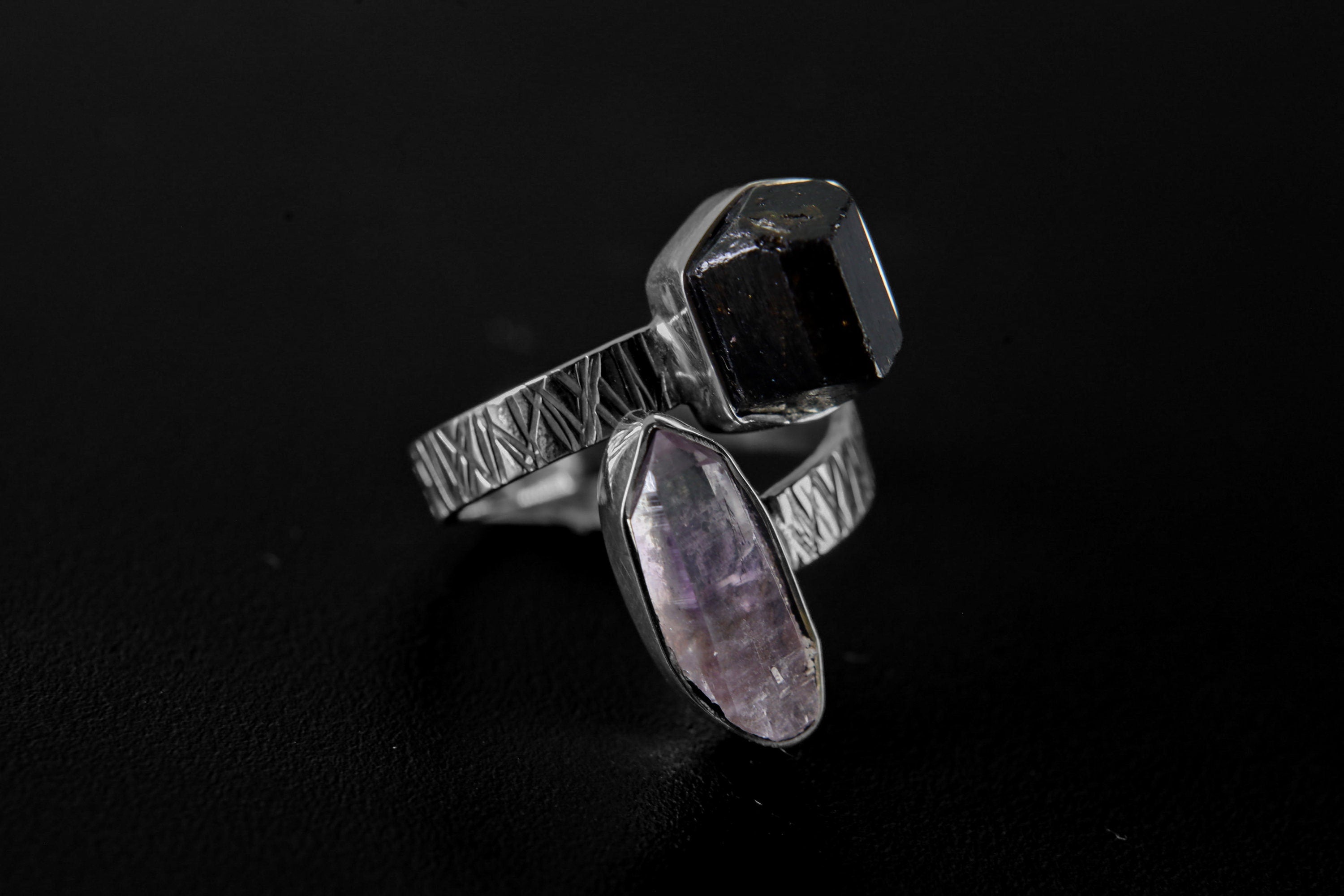 DT Vera Cruz Amethyst, Dt Brown Tourmaline - 925 Sterling Silver - Double Stone - Textured, Shiny Finish - Adjustable Open Ring Band