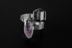 DT Vera Cruz Amethyst, Dt Brown Tourmaline - 925 Sterling Silver - Double Stone - Textured, Shiny Finish - Adjustable Open Ring Band