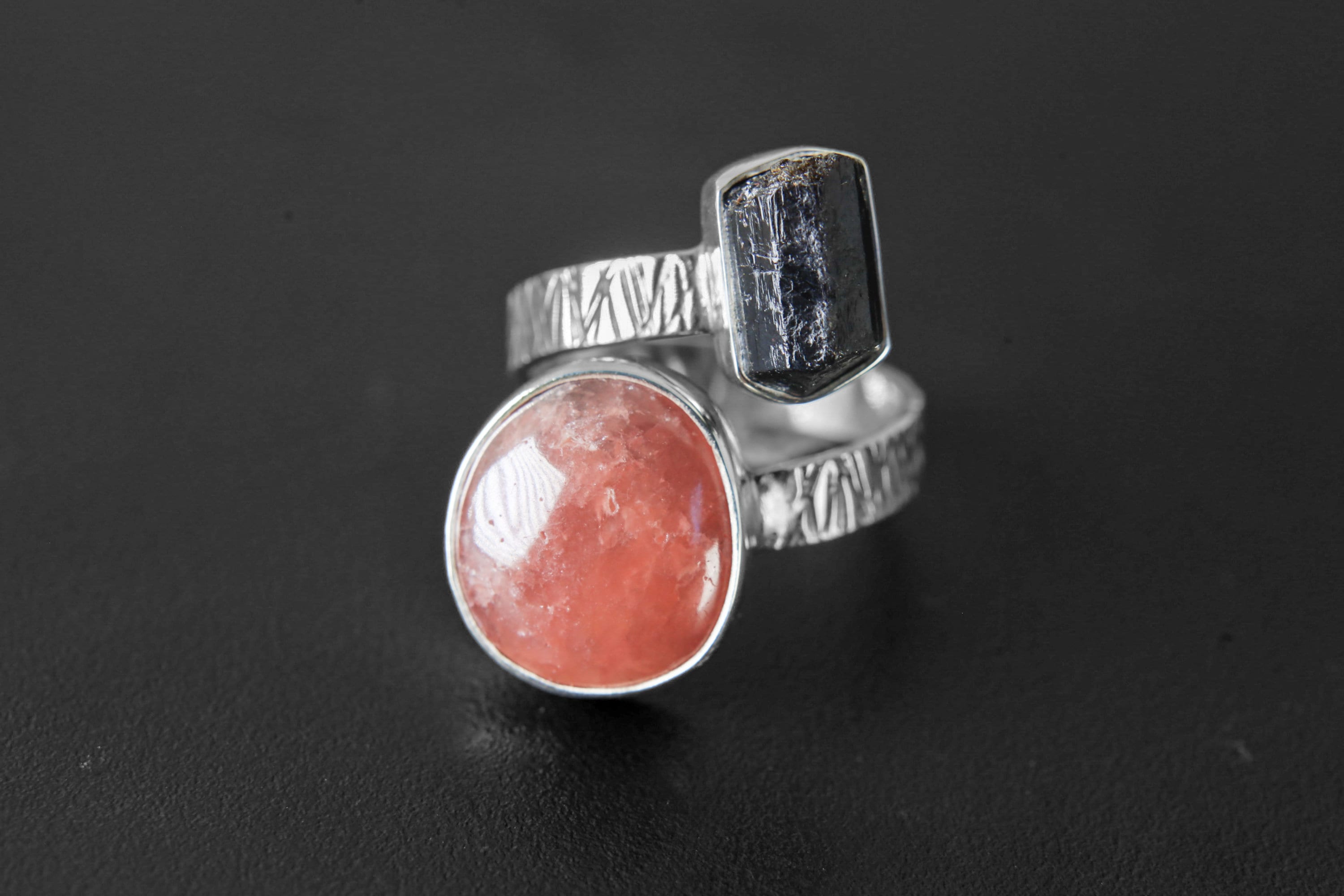 Gem Dravite tourmaline, Sunstone - 925 Sterling Silver - Double Stone - Textured, Shiny Finish - Adjustable Open Ring Band