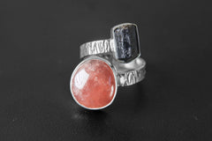 Gem Dravite tourmaline, Sunstone - 925 Sterling Silver - Double Stone - Textured, Shiny Finish - Adjustable Open Ring Band