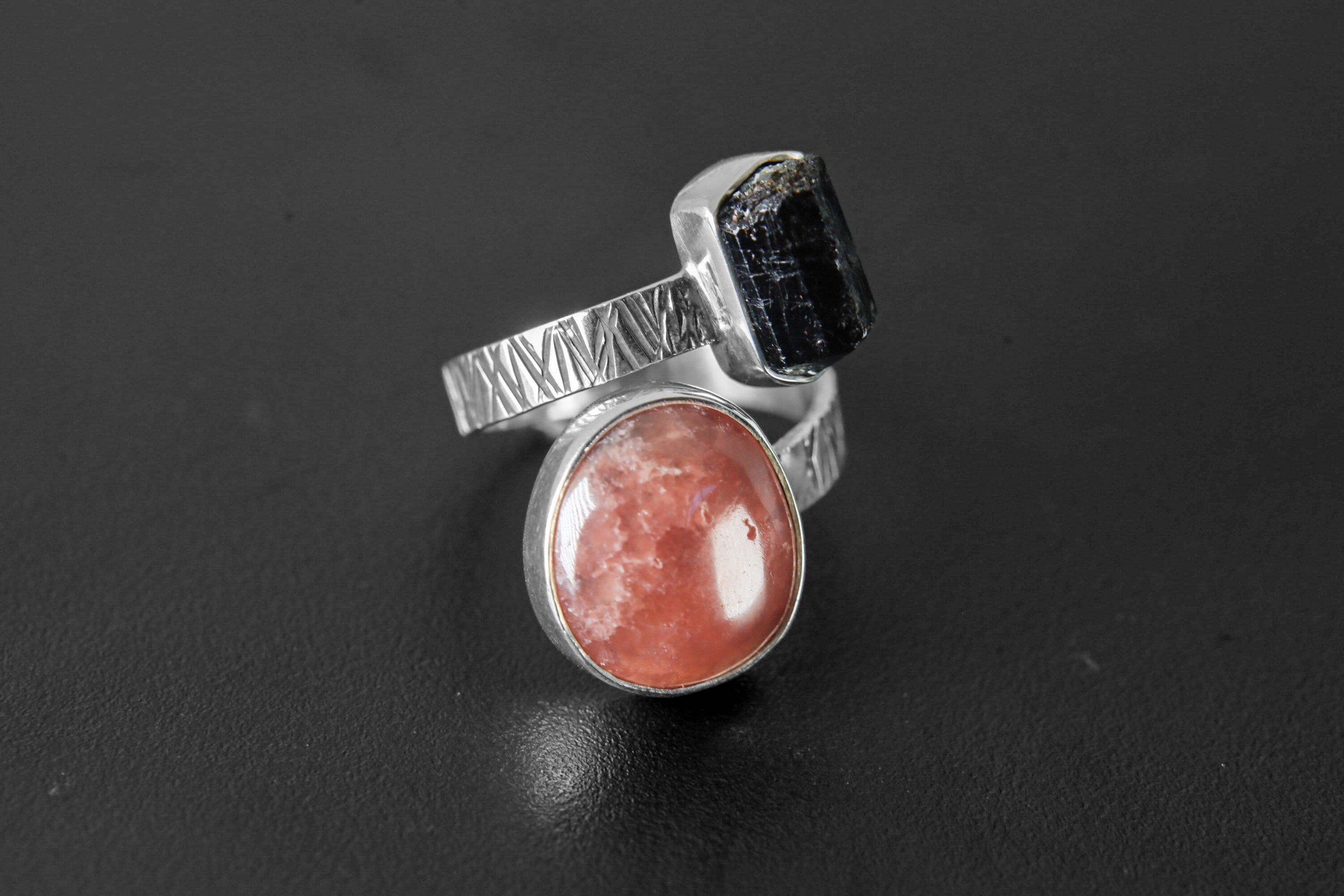 Gem Dravite tourmaline, Sunstone - 925 Sterling Silver - Double Stone - Textured, Shiny Finish - Adjustable Open Ring Band