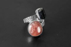 Gem Dravite tourmaline, Sunstone - 925 Sterling Silver - Double Stone - Textured, Shiny Finish - Adjustable Open Ring Band