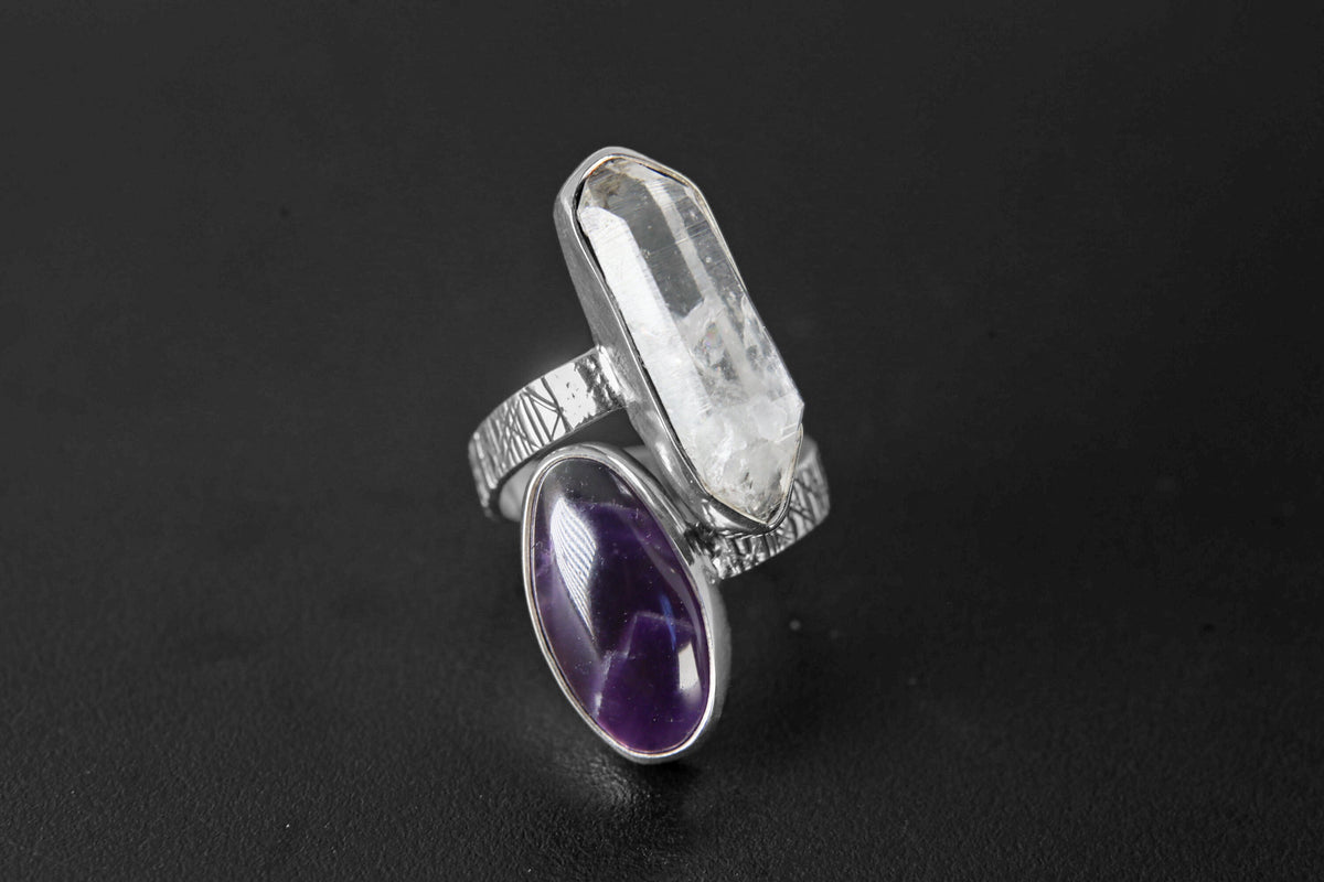 Chevron Amethyst, Double Terminated Quartz- 925 Sterling Silver - Double Stone - Textured, Shiny Finish - Adjustable Open Ring Band