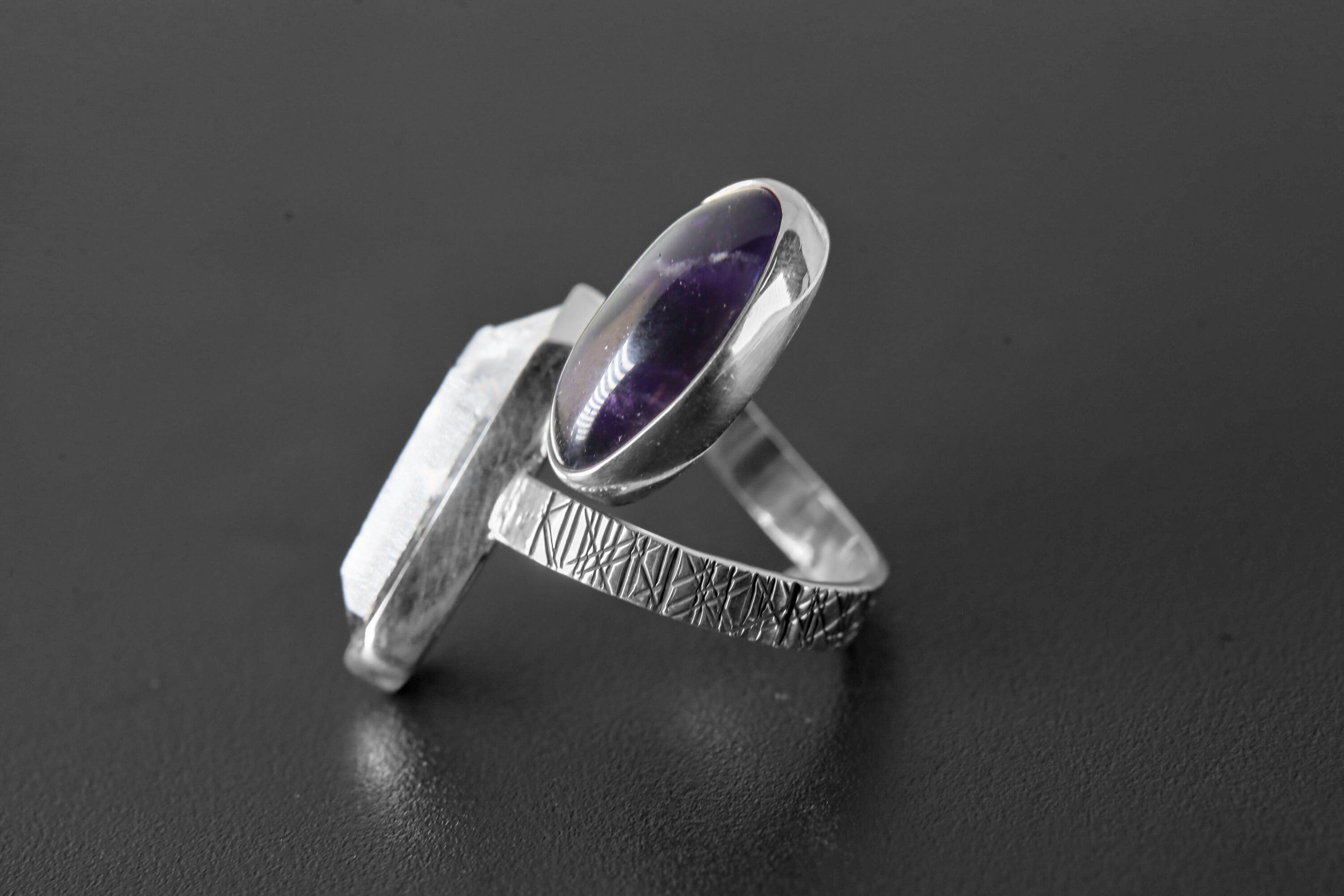 Chevron Amethyst, Double Terminated Quartz- 925 Sterling Silver - Double Stone - Textured, Shiny Finish - Adjustable Open Ring Band