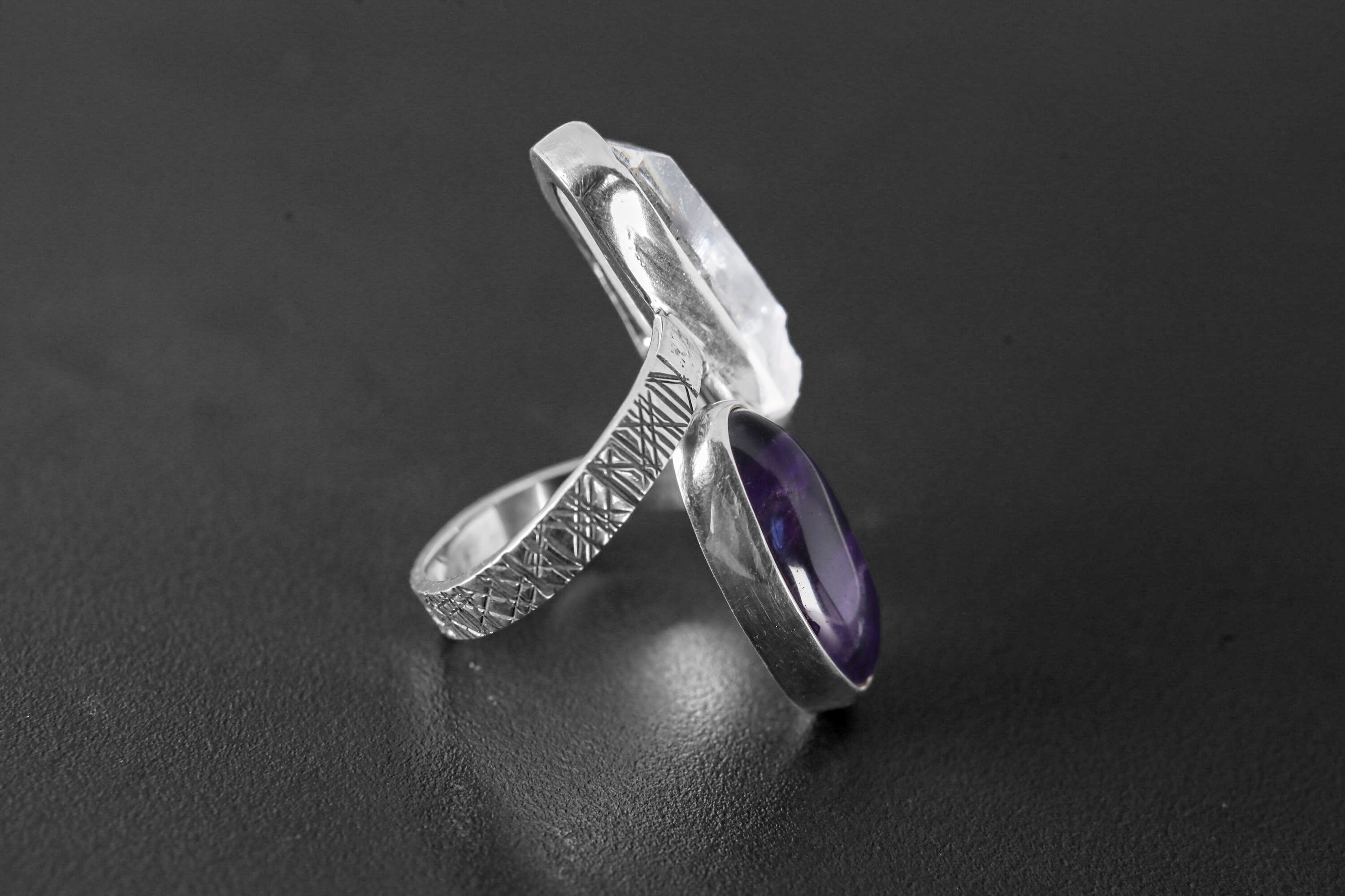 Chevron Amethyst, Double Terminated Quartz- 925 Sterling Silver - Double Stone - Textured, Shiny Finish - Adjustable Open Ring Band