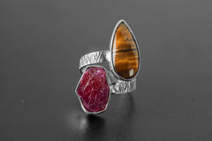 Tear Drop Tigers Eye, Hexagonal Raw Ruby - 925 Sterling Silver - Double Stone - Textured, Shiny Finish - Adjustable Open Ring Band