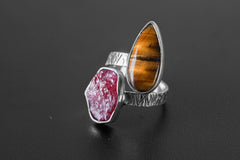 Tear Drop Tigers Eye, Hexagonal Raw Ruby - 925 Sterling Silver - Double Stone - Textured, Shiny Finish - Adjustable Open Ring Band