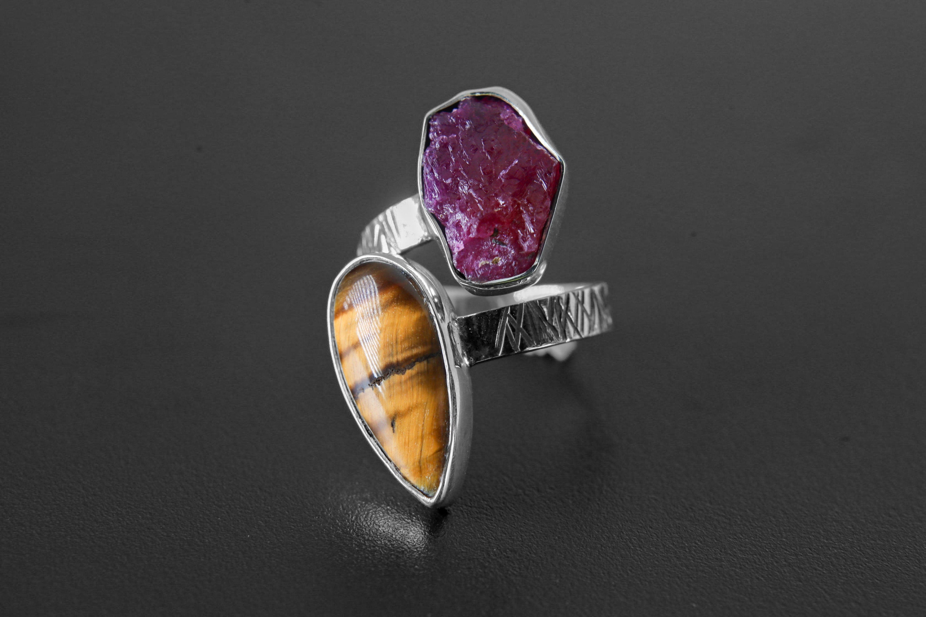 Tear Drop Tigers Eye, Hexagonal Raw Ruby - 925 Sterling Silver - Double Stone - Textured, Shiny Finish - Adjustable Open Ring Band