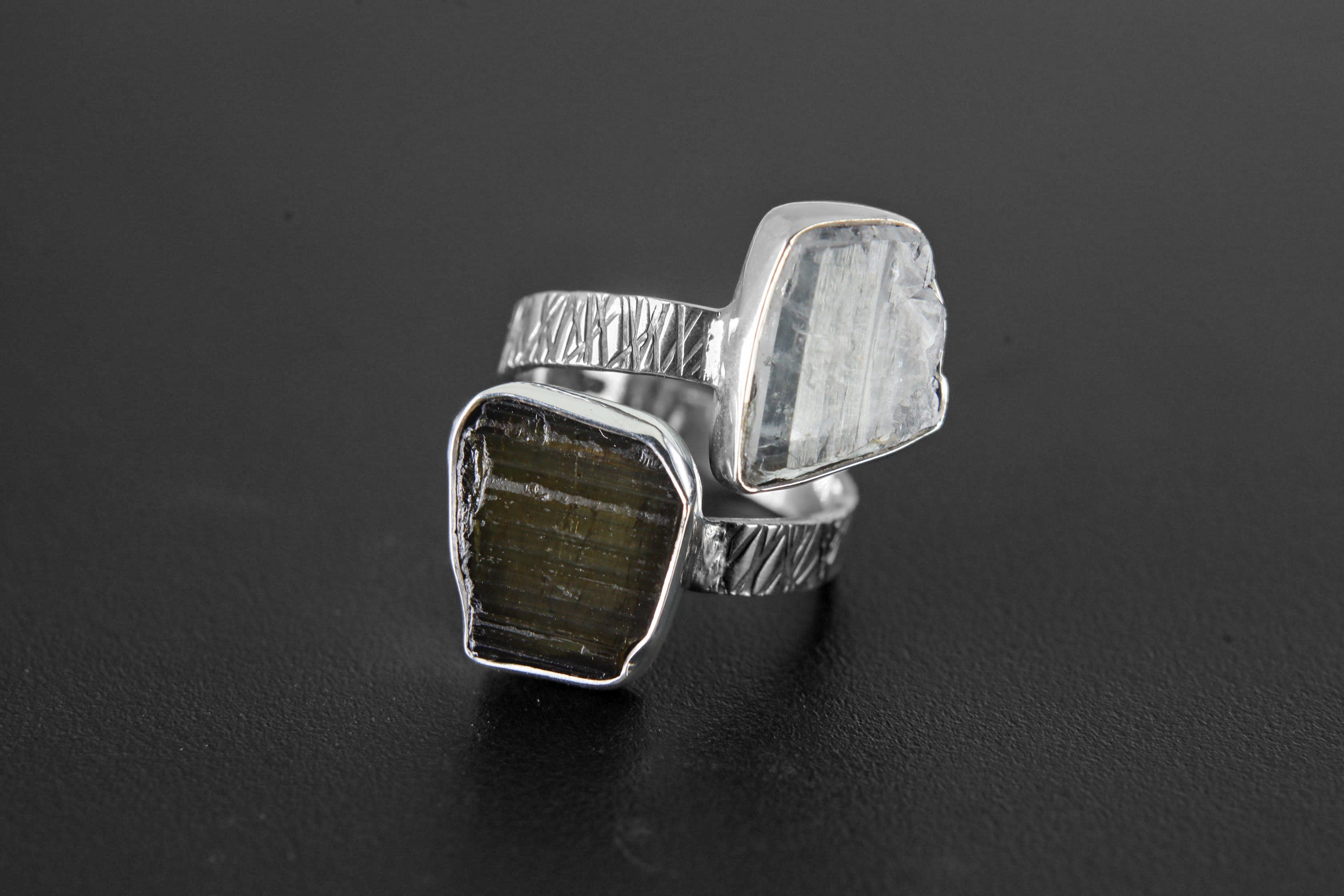 Gem green Tourmaline, Faden Quartz - 925 Sterling Silver - Double Stone - Textured, Shiny Finish - Adjustable Open Ring Band