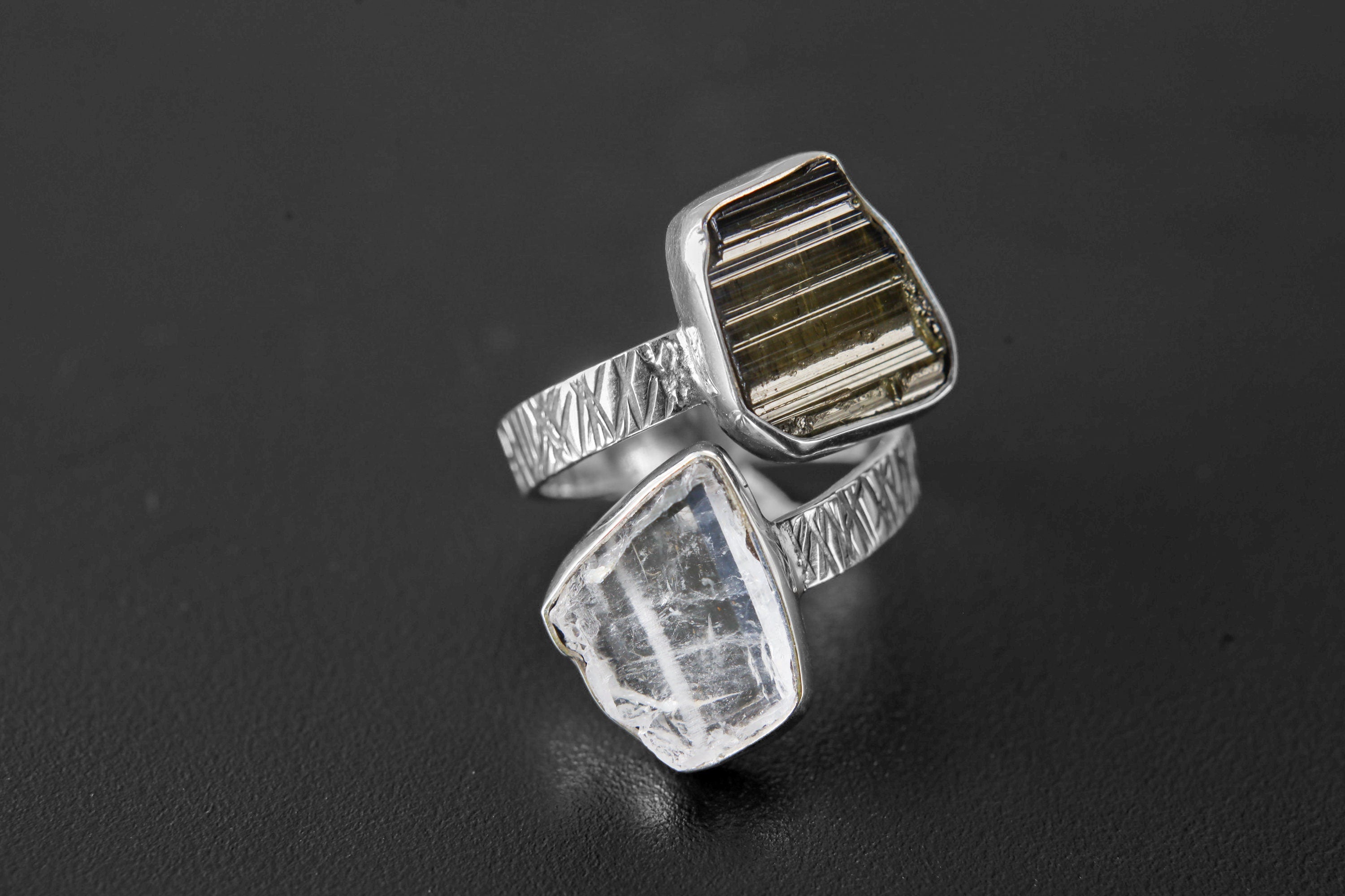 Gem green Tourmaline, Faden Quartz - 925 Sterling Silver - Double Stone - Textured, Shiny Finish - Adjustable Open Ring Band