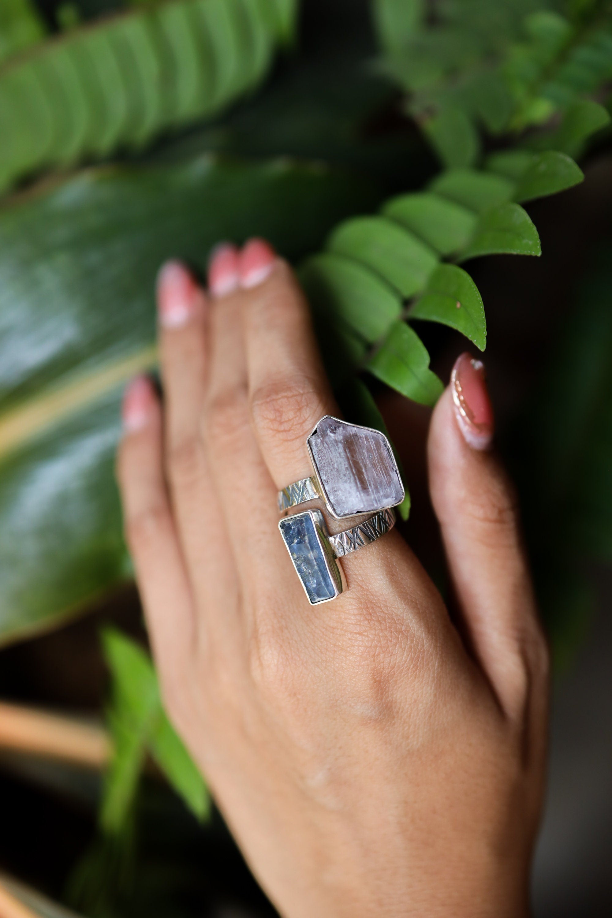 Pink Kunzite, Ocean Kyanite - 925 Sterling Silver - Double Stone - Textured, High Shine Polish - Adjustable Open Ring Band