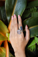 Pink Kunzite, Ocean Kyanite - 925 Sterling Silver - Double Stone - Textured, High Shine Polish - Adjustable Open Ring Band