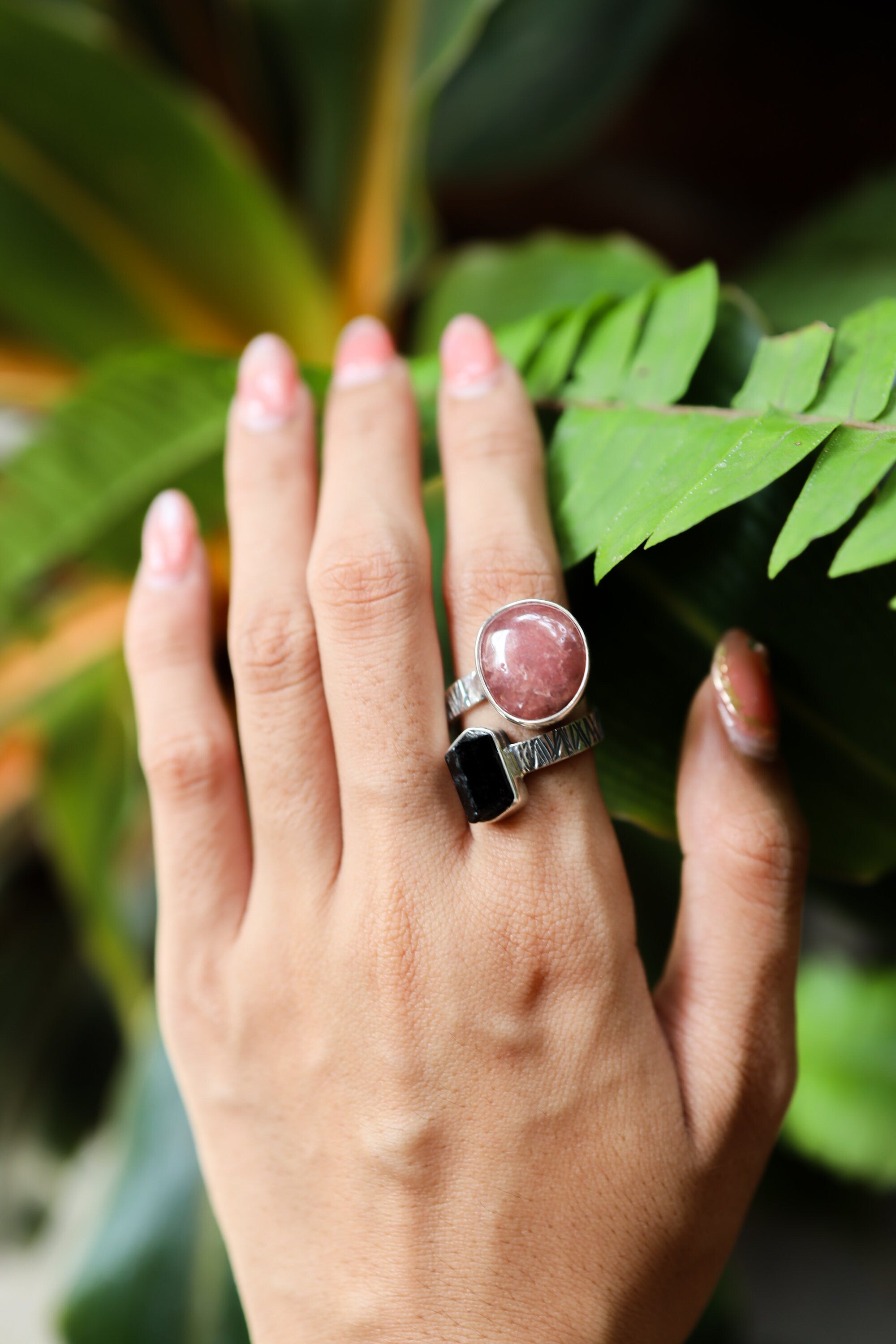 Gem Dravite tourmaline, Sunstone - 925 Sterling Silver - Double Stone - Textured, Shiny Finish - Adjustable Open Ring Band