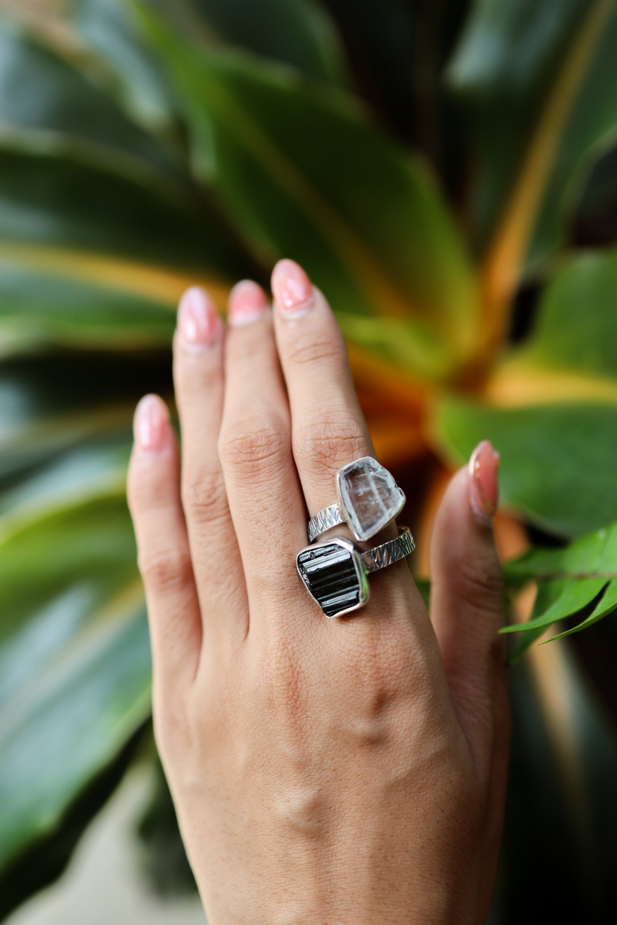 Gem green Tourmaline, Faden Quartz - 925 Sterling Silver - Double Stone - Textured, Shiny Finish - Adjustable Open Ring Band