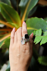 Gem green Tourmaline, Faden Quartz - 925 Sterling Silver - Double Stone - Textured, Shiny Finish - Adjustable Open Ring Band