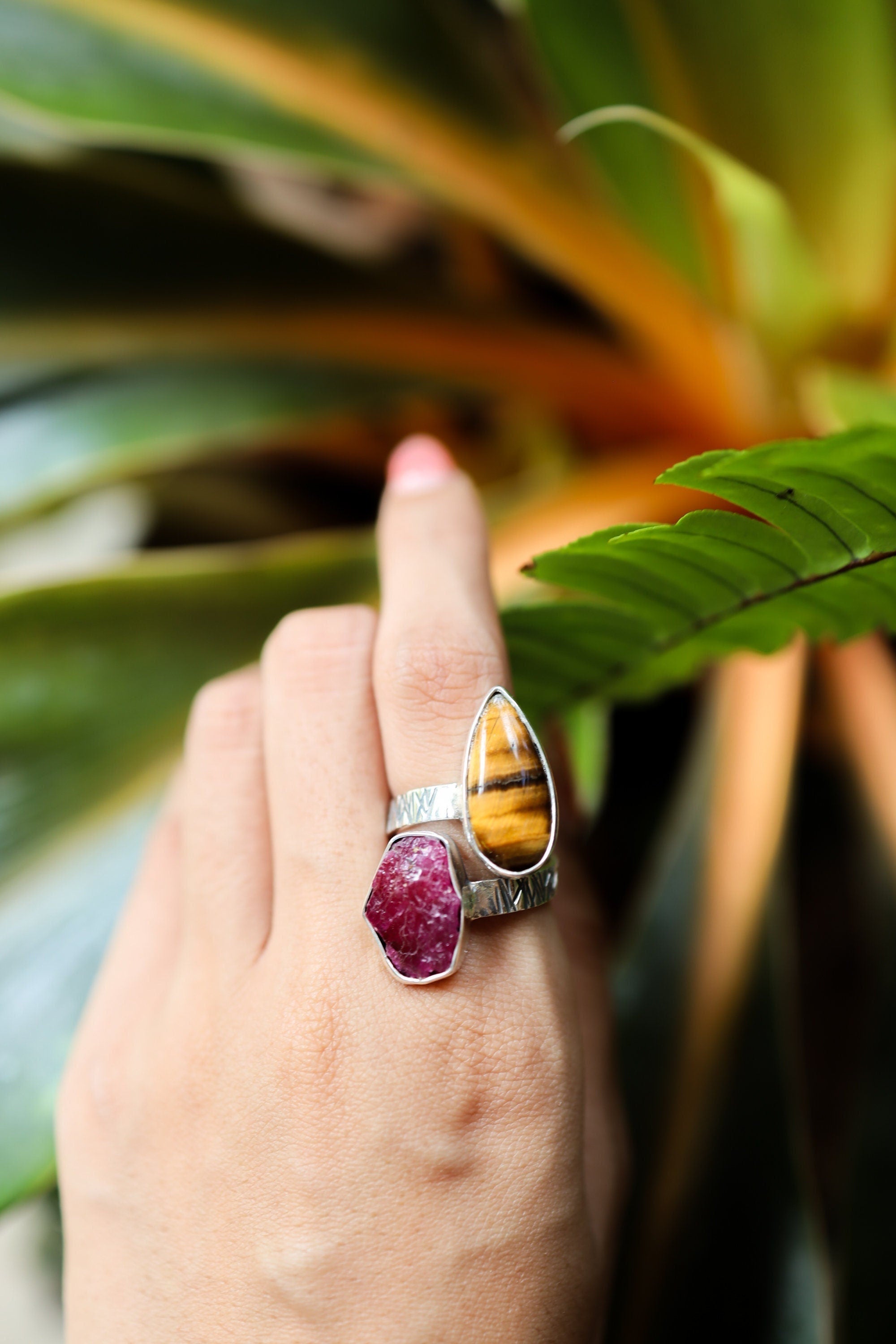 Tear Drop Tigers Eye, Hexagonal Raw Ruby - 925 Sterling Silver - Double Stone - Textured, Shiny Finish - Adjustable Open Ring Band