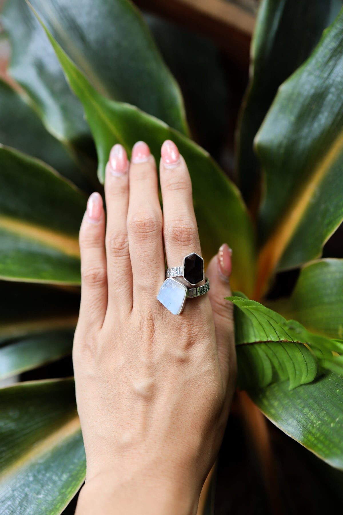 Rough Blue Moonstone, Morella Smoky Quartz - Double Stone - Textured, High Shine Polish - Adjustable Open Ring Band