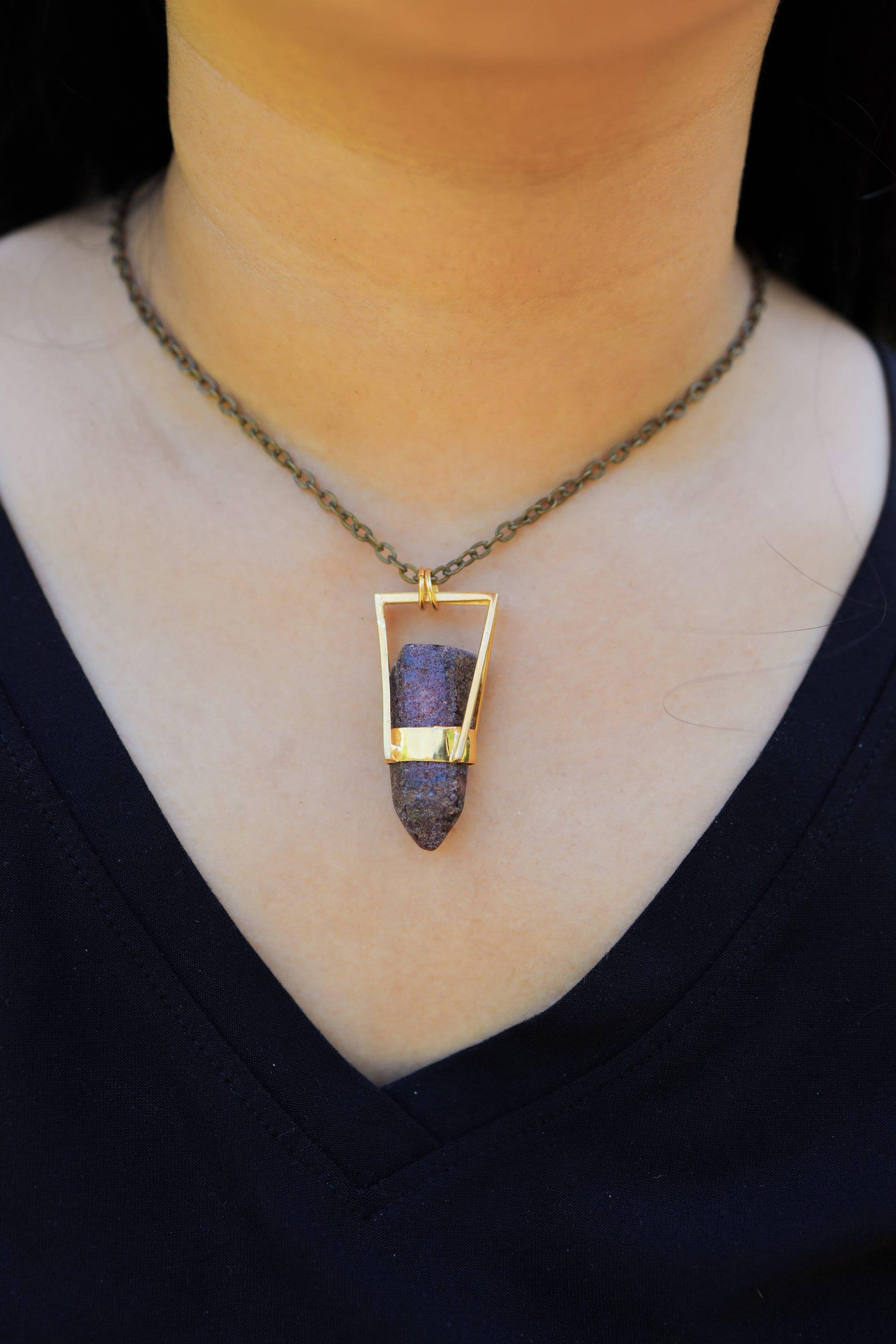 Polished Inclusion Quartz Point- Glueless Unique Square band Wrap Setting - Gold Plated Sterling Silver - Crystal Pendant