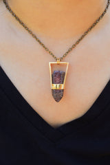 Polished Inclusion Quartz Point- Glueless Unique Square band Wrap Setting - Gold Plated Sterling Silver - Crystal Pendant