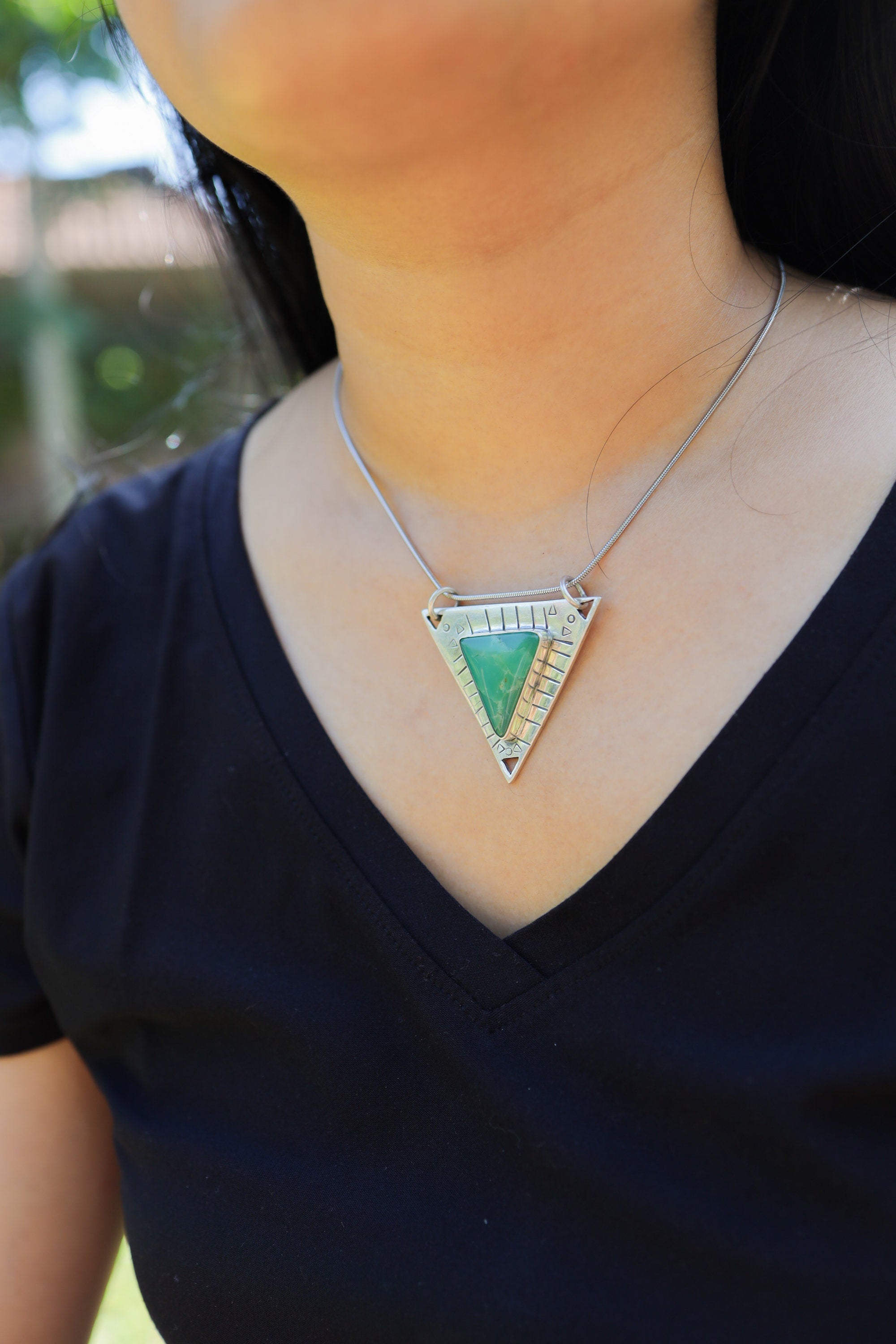 Gemmey Australian Chrysoprase Triangle - 925 Silver Pendant - Flat - Textured - High Shine Polished - Powerful Emotional Healing