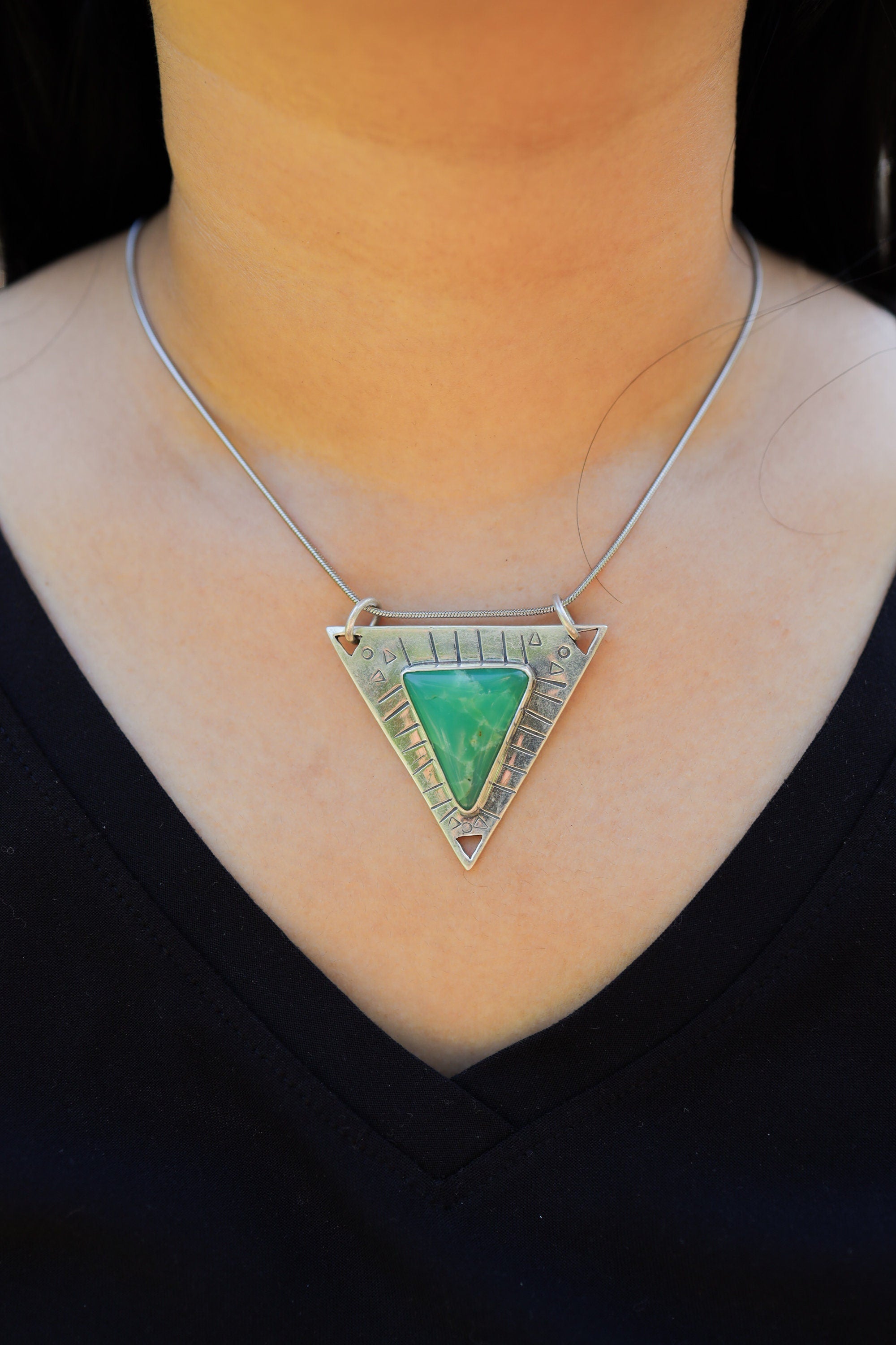 Gemmey Australian Chrysoprase Triangle - 925 Silver Pendant - Flat - Textured - High Shine Polished - Powerful Emotional Healing