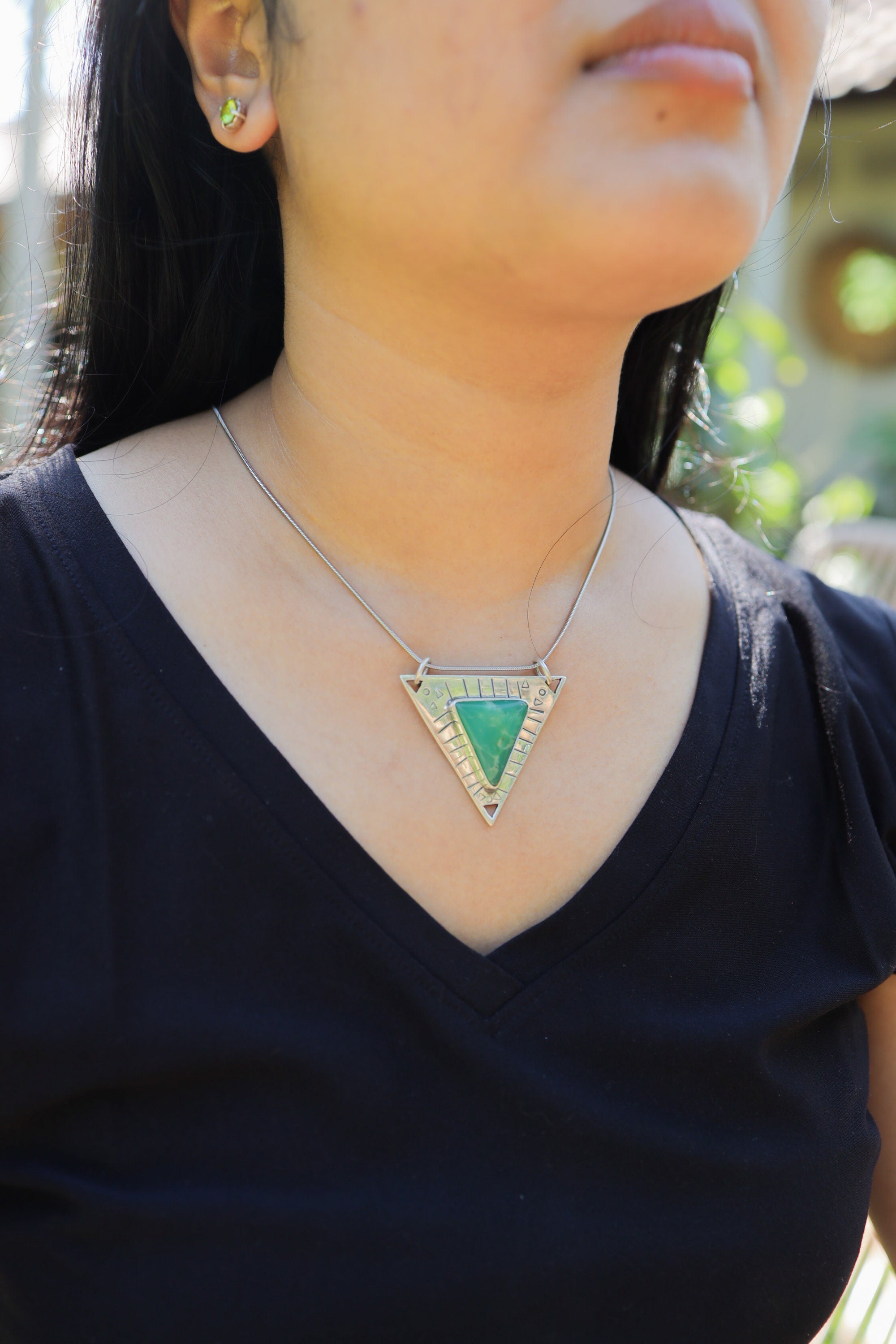 Gemmey Australian Chrysoprase Triangle - 925 Silver Pendant - Flat - Textured - High Shine Polished - Powerful Emotional Healing