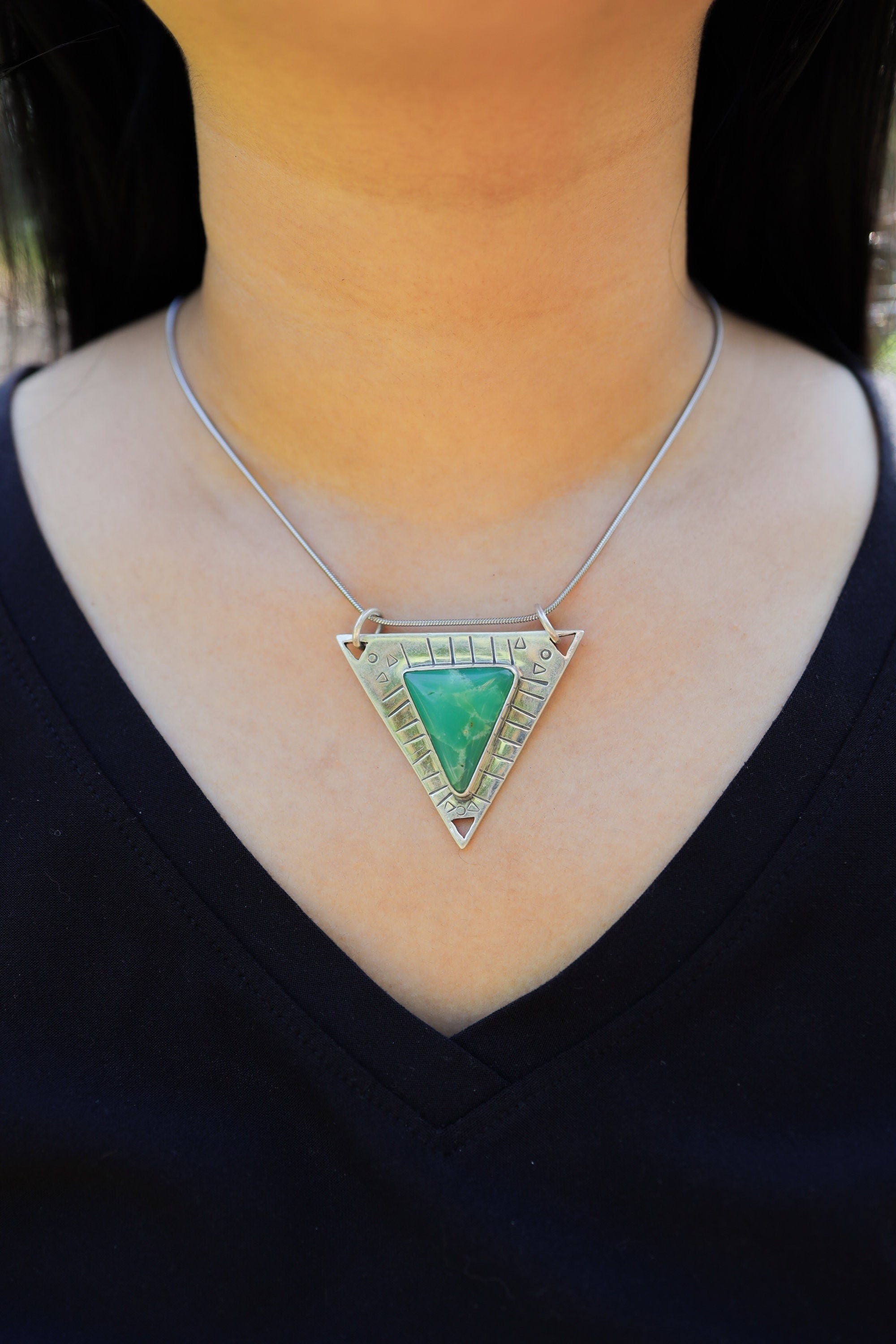 Gemmey Australian Chrysoprase Triangle - 925 Silver Pendant - Flat - Textured - High Shine Polished - Powerful Emotional Healing