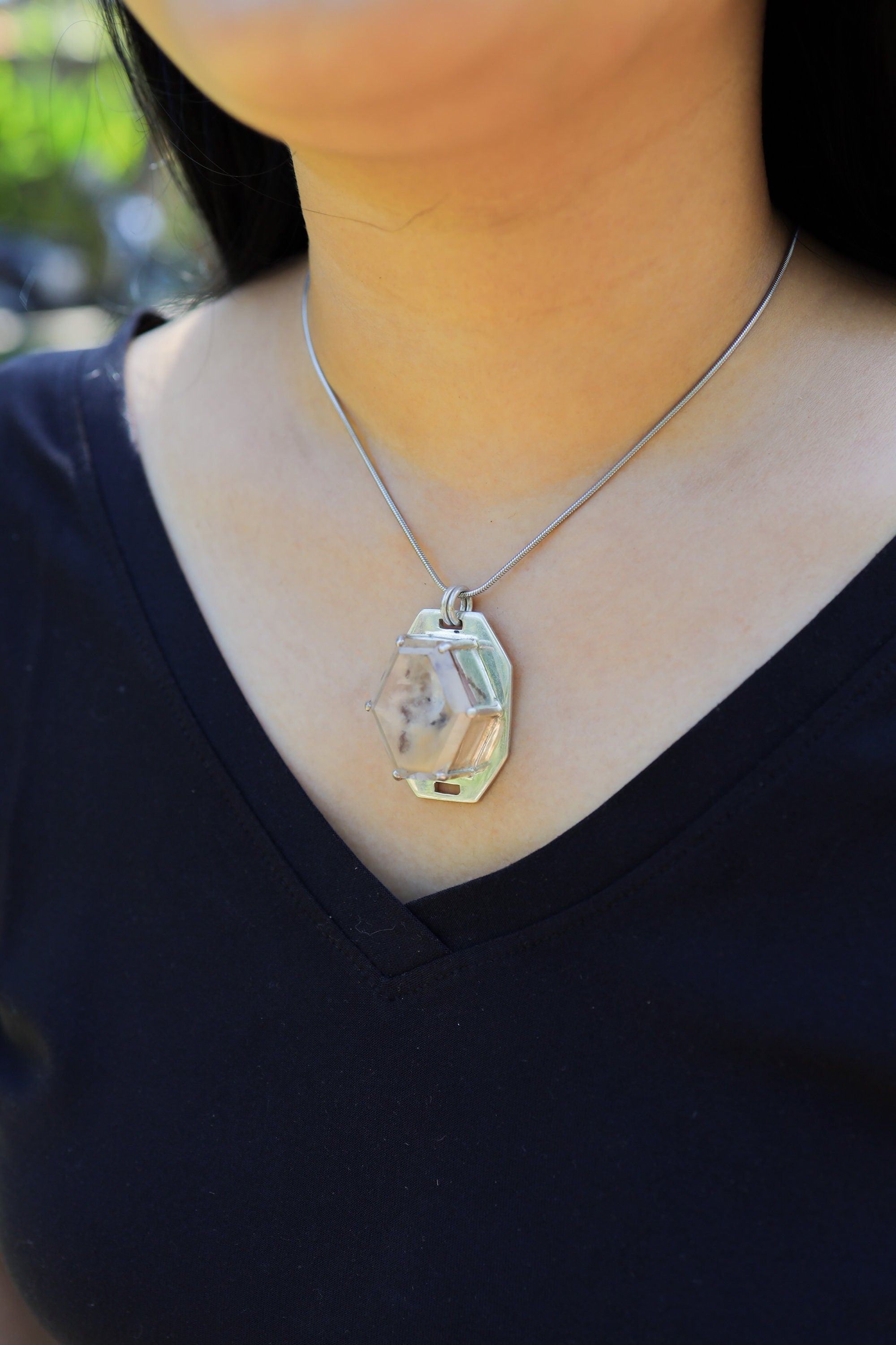 Faceted Quartz with Inclusions from Madagascar Pendant, Sterling Silver, Shiny Polish Finish, Claw Set, Crown Chakra, Aries Zodiac, Clarity