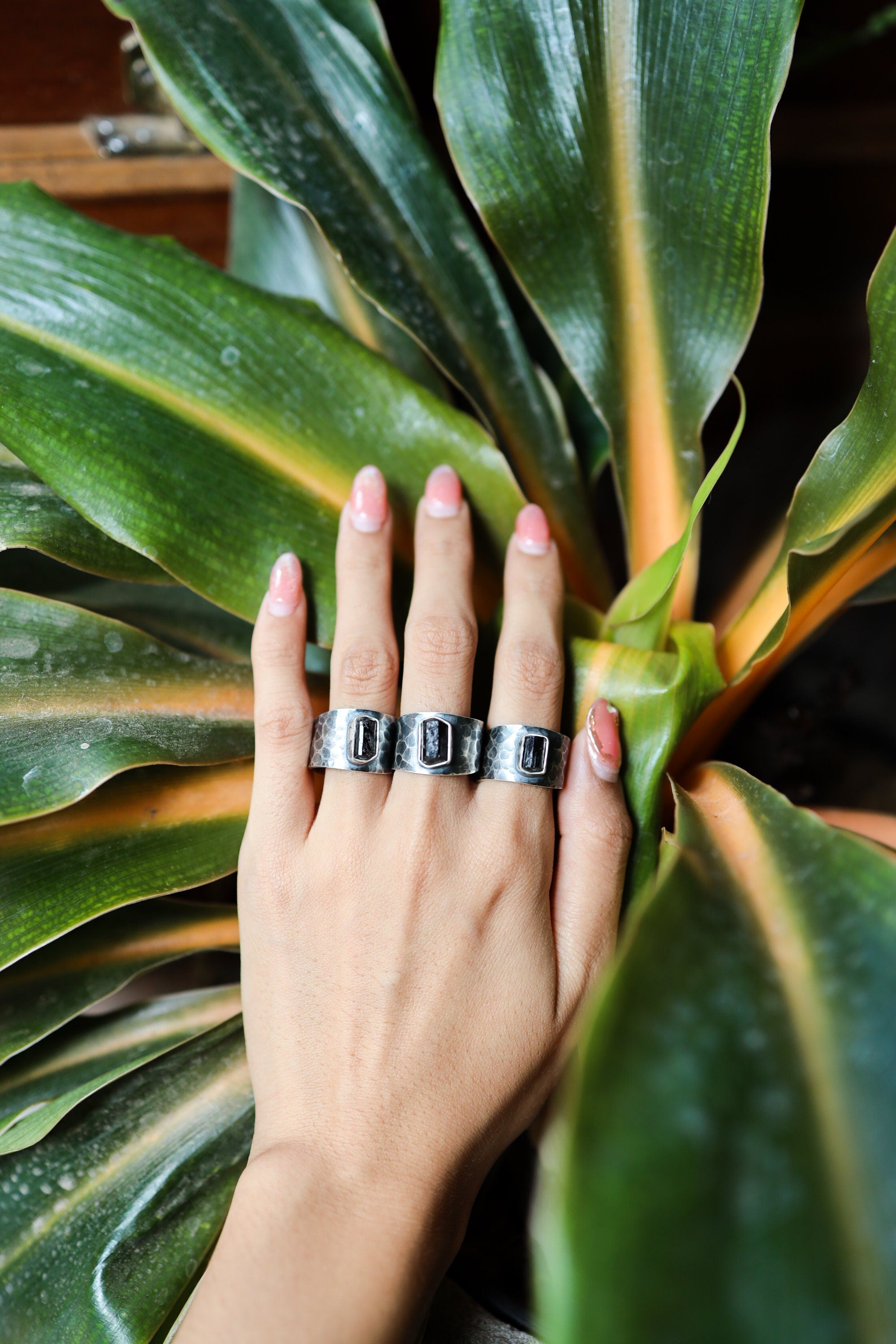 Raw Black Tourmaline Adjustable Unisex Ring, US Size 5-10, Sterling Silver,Hammered Textured & Oxidized,Protection and Grounding,Unique Gift