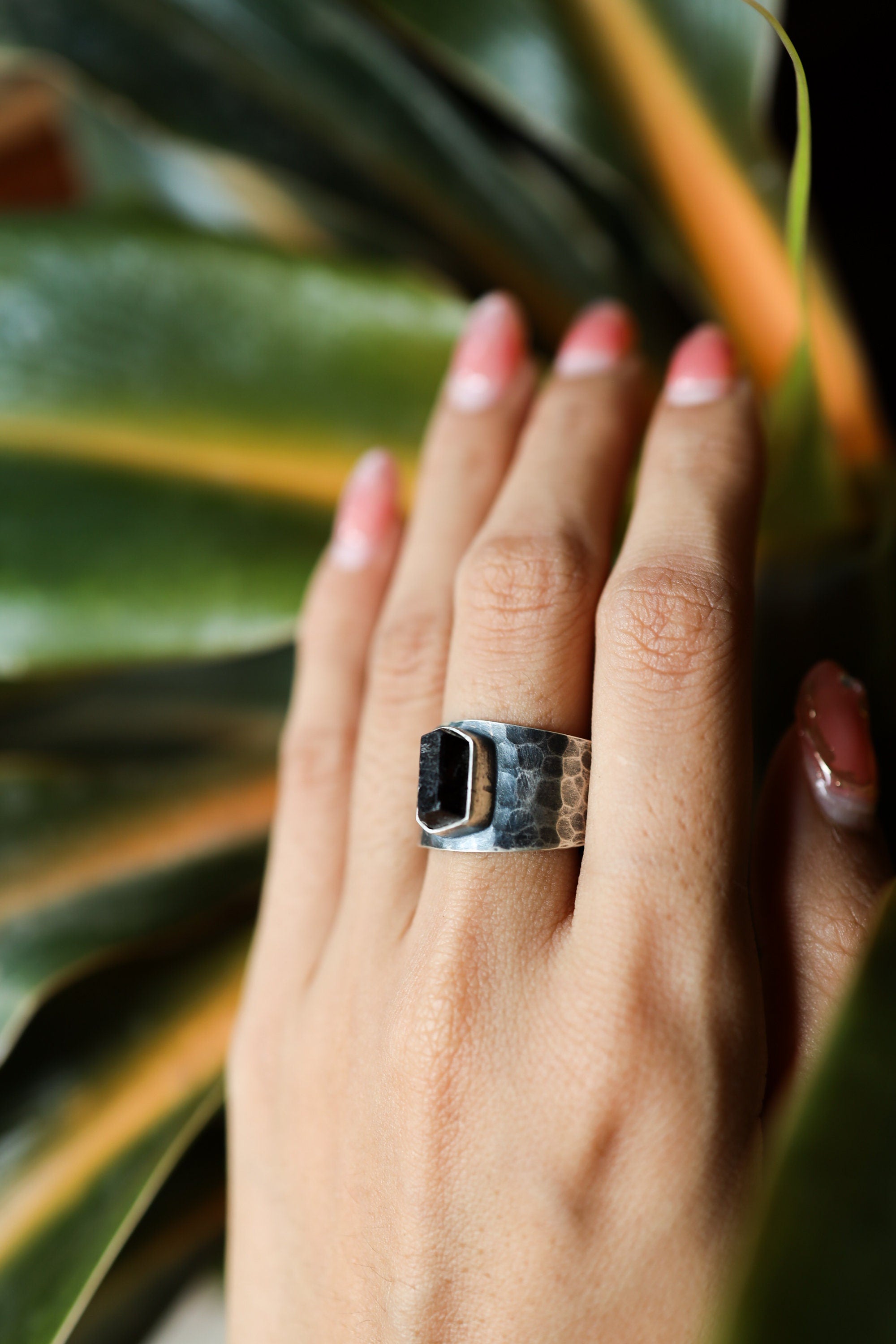 Raw Black Tourmaline Adjustable Unisex Ring, US Size 5-10, Sterling Silver,Hammered Textured & Oxidized,Protection and Grounding,Unique Gift